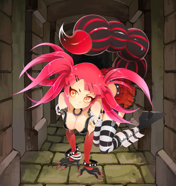 all_fours big_breasts dungeon dungeon_and_girls gloves heel_boots monster_girl red_hair scorpion_girl scorpion_tail skirt stinger thick_thighs