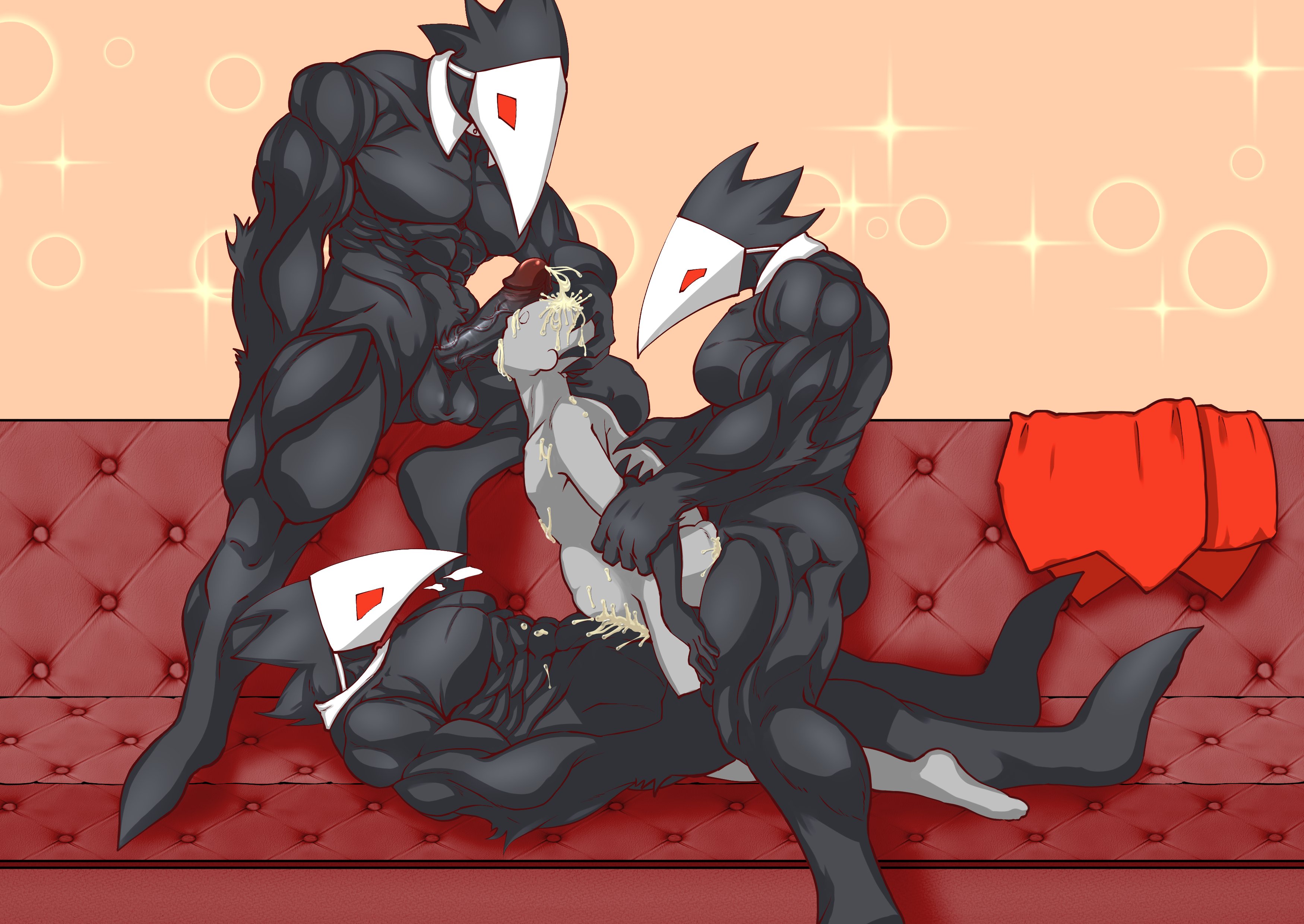 ambiguous gender, ambiguous penetration, anthro, bara, big penis, bird, black feathers, bulging belly, butler, cum on face, cumflation, deltarune, foursome, furry, grey skin, male, mask, masked, muscles, on couch, penis, red eyes, stomach bulge, swatchling (deltarune), tagme, yaoi
