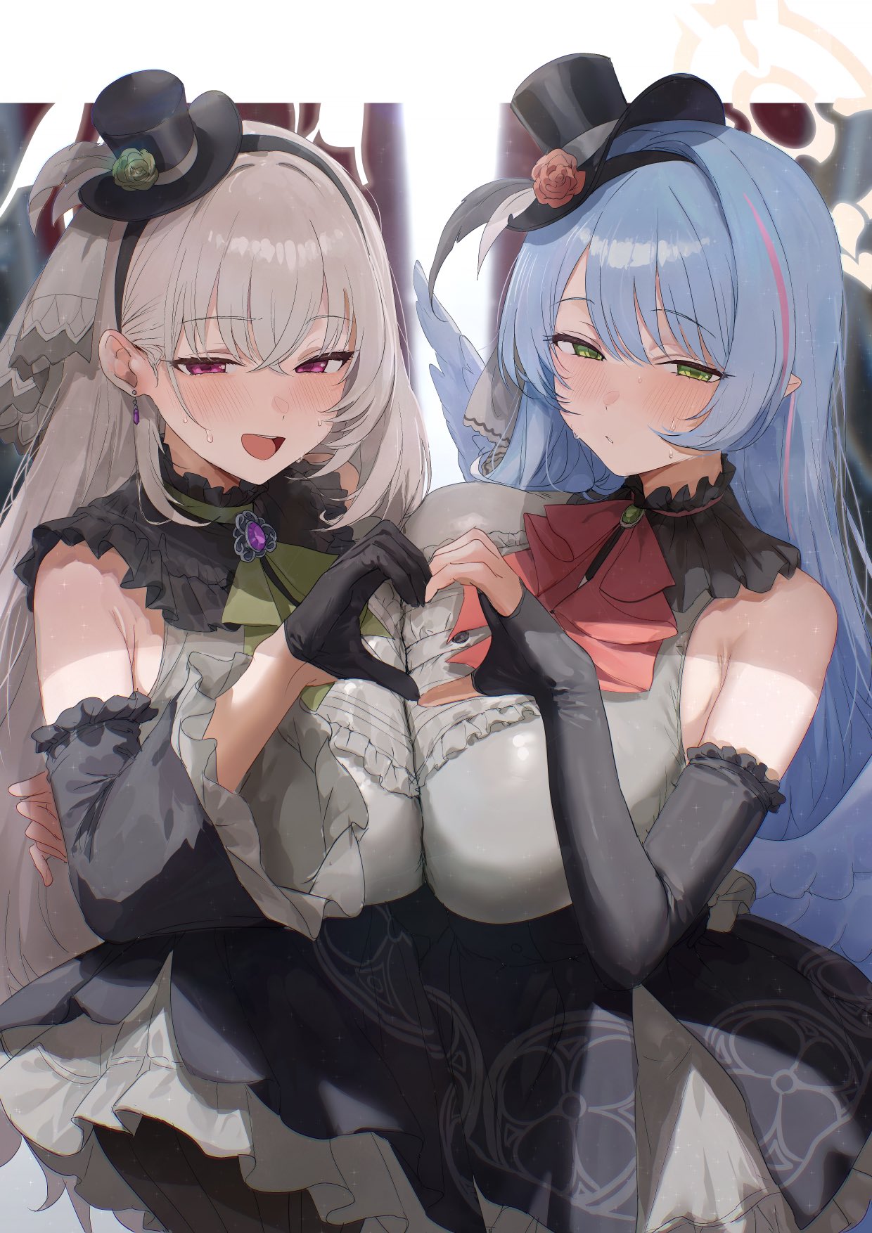 2girls :/ :d akita_hika bare_shoulders big_breasts black_dress black_gloves black_hat blue_archive blue_hair blush breast_press breasts brooch closed_mouth commentary dress earrings elbow_gloves fingerless_gloves gloves green_eyes grey_hair halo hat heart heart_hands heart_hands_duo highres jewelry large_breasts long_hair long_sleeves mine_(blue_archive) mine_(idol)_(blue_archive) multicolored_hair multiple_girls official_alternate_costume open_mouth pink_hair purple_eyes sakurako_(blue_archive) sakurako_(idol)_(blue_archive) smile streaked_hair symmetrical_docking wings yellow_halo