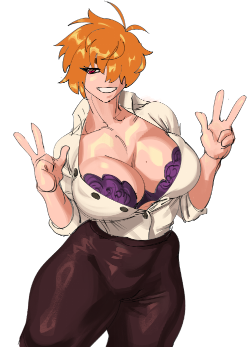 1girls aunt aunt_hellen_(insouwu) big_breasts boobs bra breasts buttons catastropart earring earrings female female_focus female_only hair_over_one_eye legs lingerie lingerie_bra messy_hair milf mole mole_on_breast nipples_visible_through_clothing oc orange_hair original_character pants peace_sign pose posing posing_for_the_viewer purple_bra purple_lingerie red_eyes shirt shirt_open short_hair smile thick thick_hips thick_thighs thighs tight_pants uniform white_body white_skin work_uniform