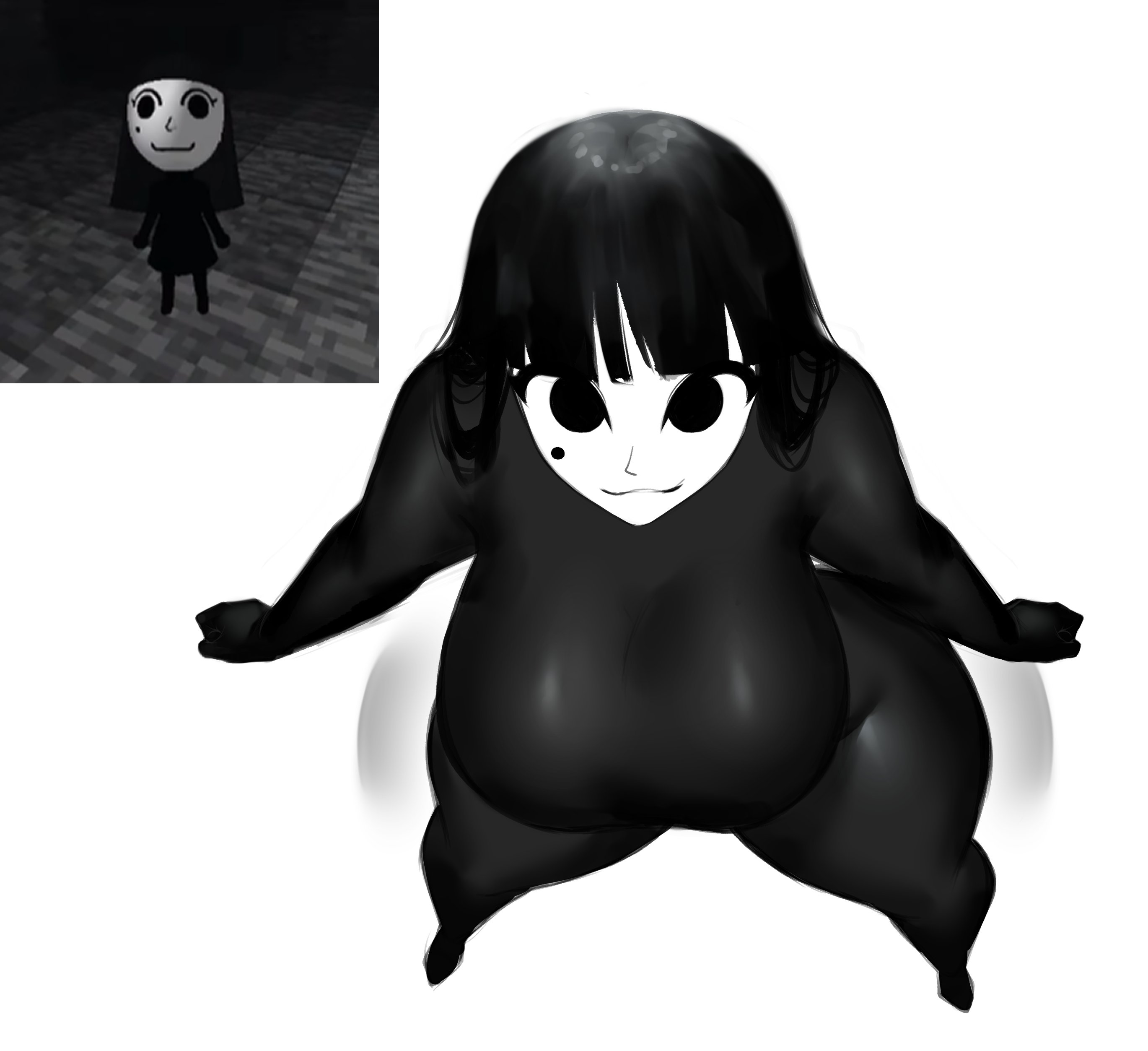 1girls, alternate version at source, artist request, ava, big ass, big breasts, big thighs, big tits, black eyes, black hair, child bearing hips, grin, looking at viewer, mcyt, mii, mii maker, minecraft, minecraft youtubers, nintendo, reference image, short hair, smiling, solo, twitter, twitter link, twitter username, up view, wide hips, wiggling hips, youtube