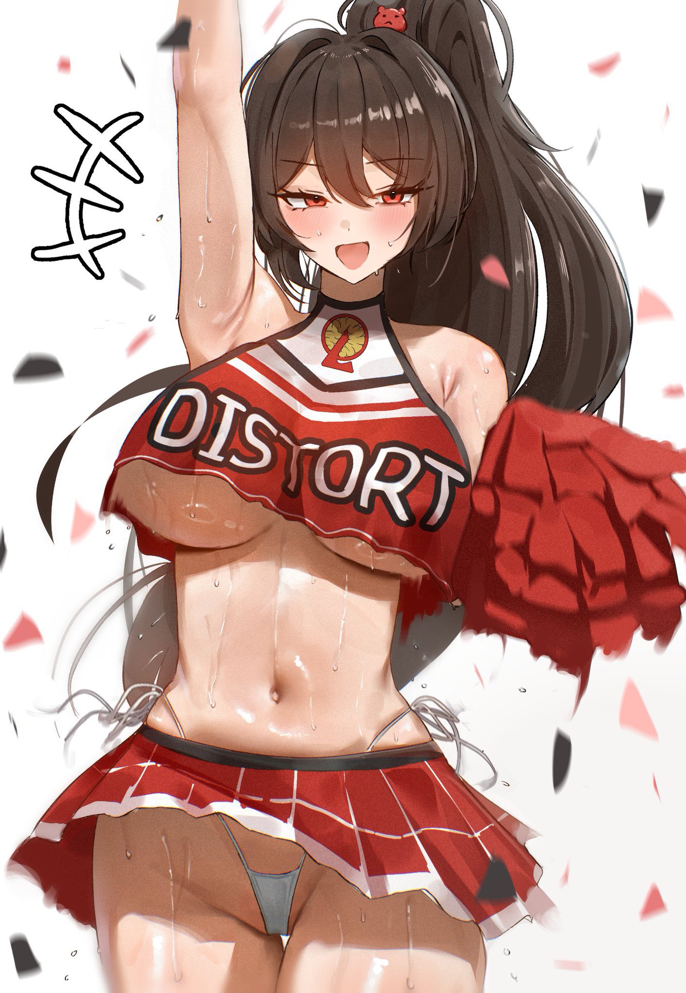 1girl, 2d, 2d (artwork), arm up, armpits, arms up, bare shoulders, belly, big breasts, blush, breasts, brown hair, carmen (lobotomy corporation), cheerleader, cheerleader outfit, cheerleader uniform, commentary, confetti, crop top, female, female focus, female only, hair ornament, hi res, highres, large breasts, light skin, light-skinned female, limbus company, lobotomy corporation, long hair, looking at viewer, navel, open mouth, panties, ponytail, project moon, red eyes, red skirt, simple background, skirt, slim waist, smile, solo, solo female, solo focus, stomach, sweat, sweatdrop, thighs, tomosakaaa, underboob, white background