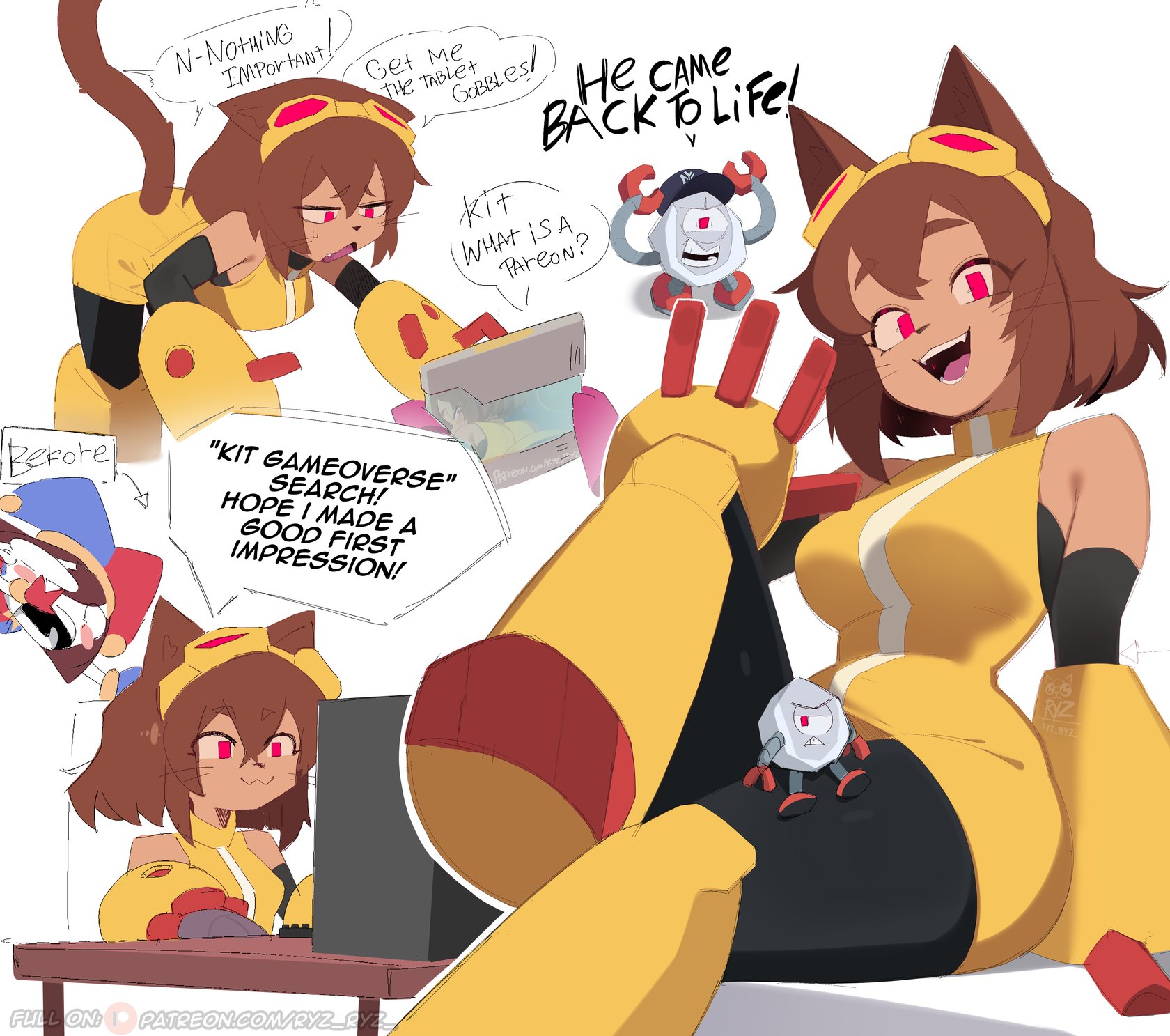 1girls, anthro, breasts, brown fur, brown hair, cat ears, cat girl, cat tail, catgirl, clothing, english text, feline, female, furry, gameoverse, glitch productions, kaboodle (gameoverse), kit (gameoverse), kit bodega, pomni (the amazing digital circus), red eyes, ryz ryz, safe, safe for work, short hair, smile