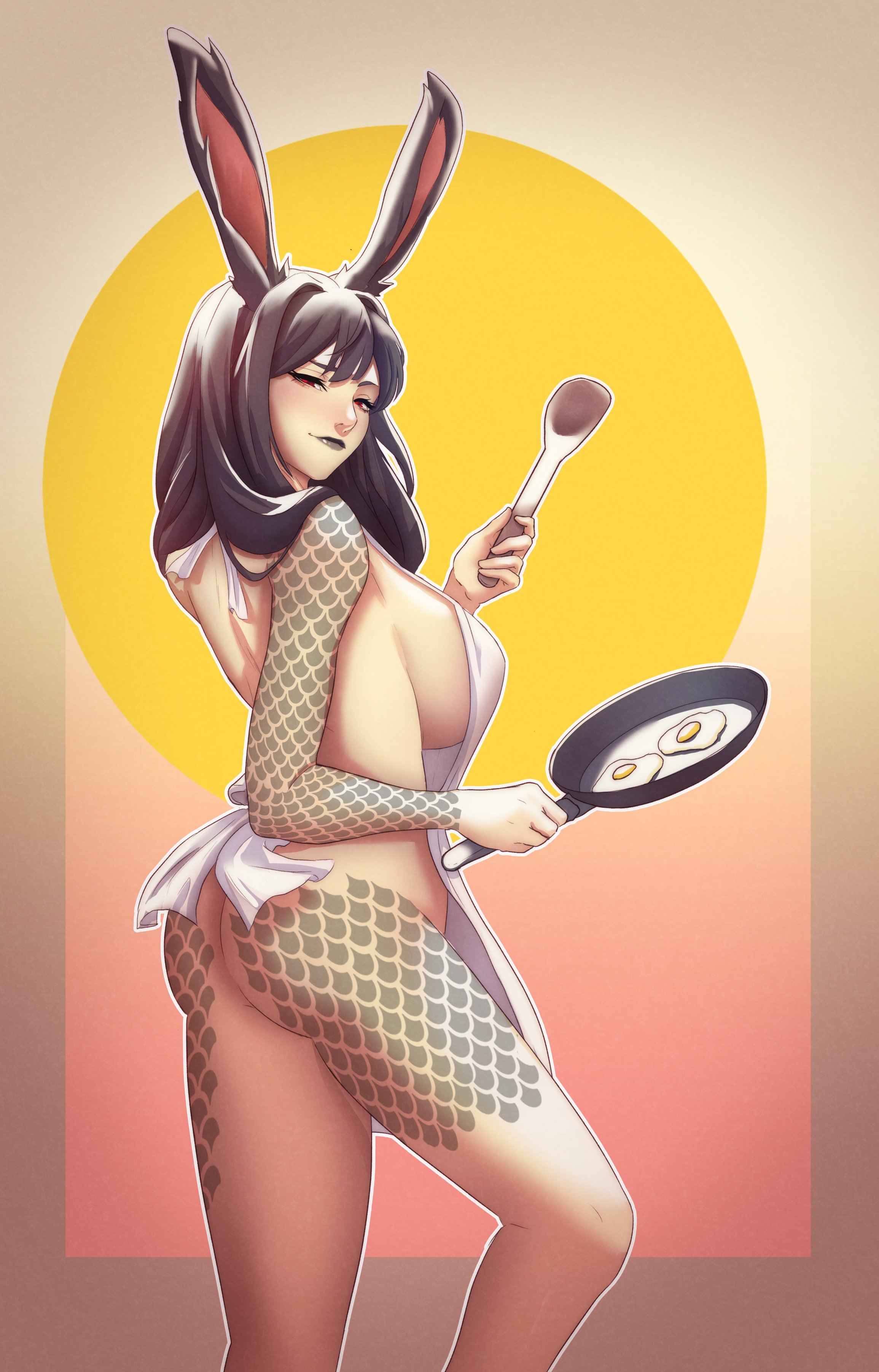 1girls, apron, ass, back, back view, bare back, big ass, black hair, black lipstick, breasts, egg, female, final fantasy, final fantasy xiv, frying pan, large breasts, lips, lipstick, long hair, looking at viewer, looking back, naked apron, pomelomelon, red eyes, sideboob, smile, solo, very high resolution, viera, ylva nighthawk