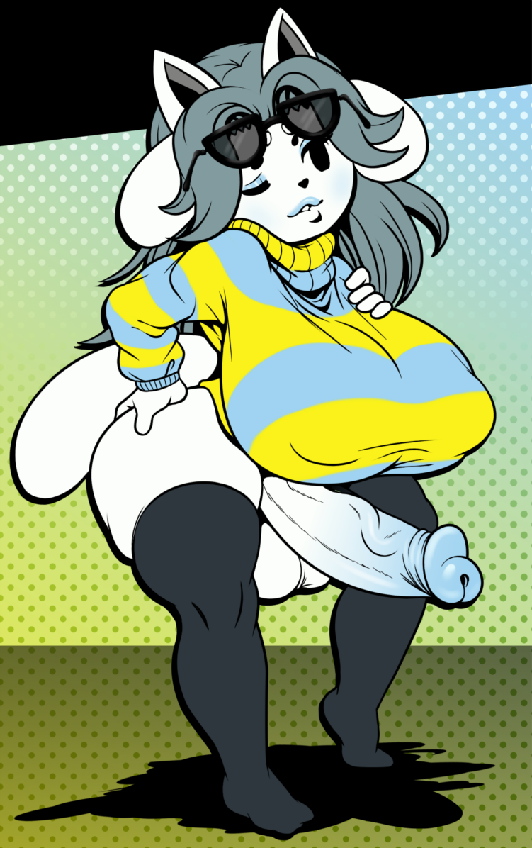 abstract, anthro, balls, big balls, big breasts, black eyes, black nose, blush, border, bottomless, breasts, clothed, clothing, eyewear, eyewear on head, futa only, futanari, genitals, glasses, glasses on head, grey hair, hair, hand on breast, huge breasts, humanoid genitalia, humanoid penis, intersex, legwear, mostly nude, non-euclidean border, one eye closed, penis, pinup, plundered, pose, seductive, shortstack, solo, tem, temmie (undertale), thick thighs, thigh highs, undertale, video games, wide hips