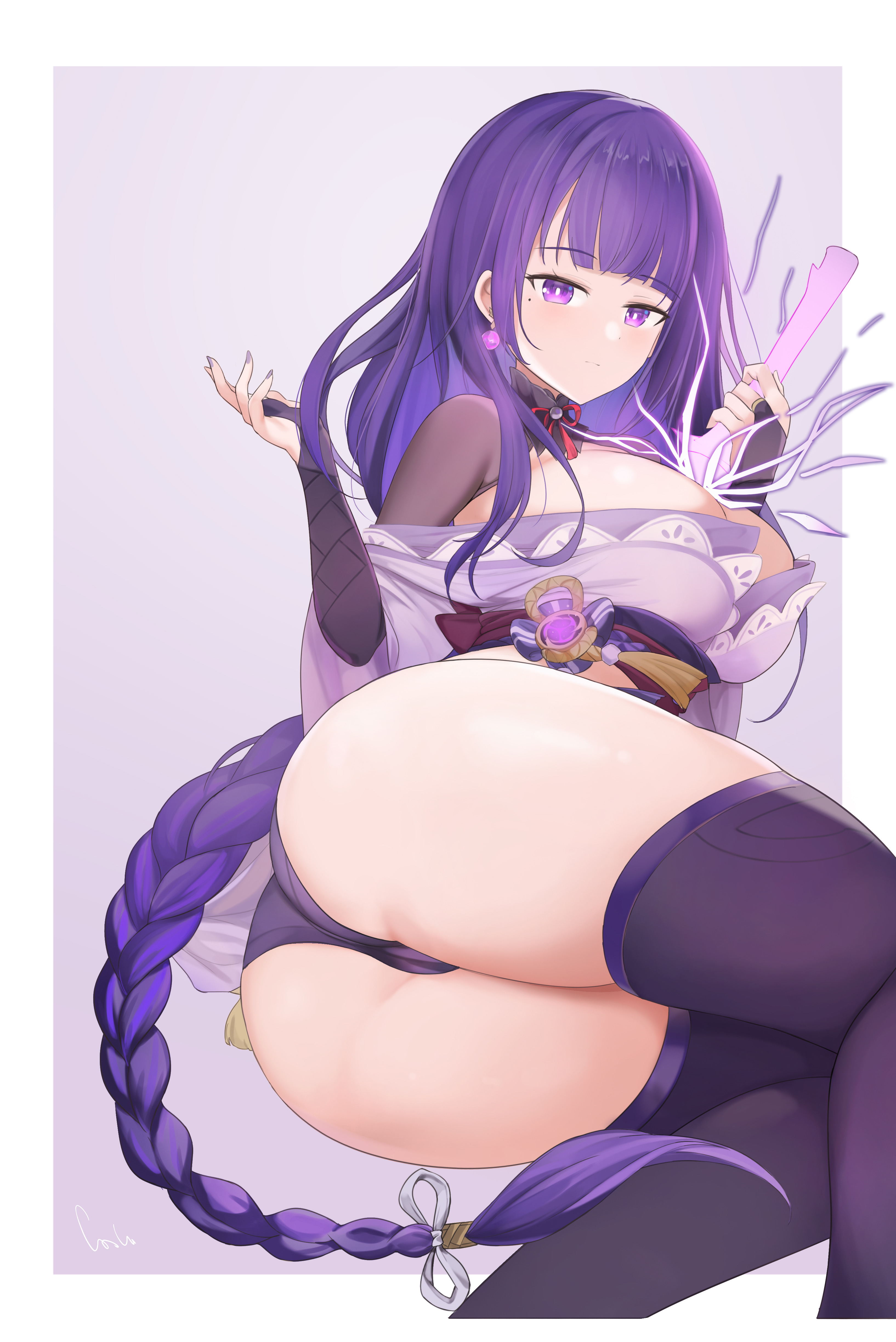 1girls, ass, blueleviathan15, blush, breasts, female, genshin impact, japanese clothes, large breasts, looking at viewer, purple eyes, purple hair, raiden shogun, thick thighs, thighhighs, thighs