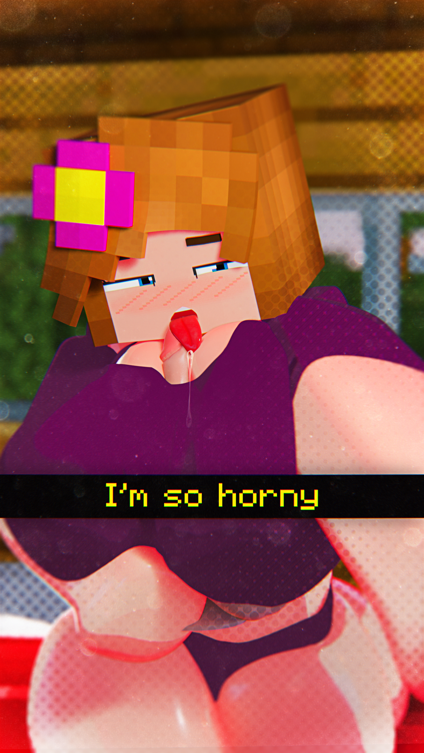 1female, 1females, 1girl, 1girls, 1woman, 1women, 2026, big breasts, cyan eyes, dialogue, english dialogue, english text, female, female only, flower in hair, jenny belle, jenny belle (slipperyt), looking at viewer, minecraft, minecraft girl, only female, phantomony, purple shirt, slipperyt, text, tongue, tongue out, twitter, yellow text
