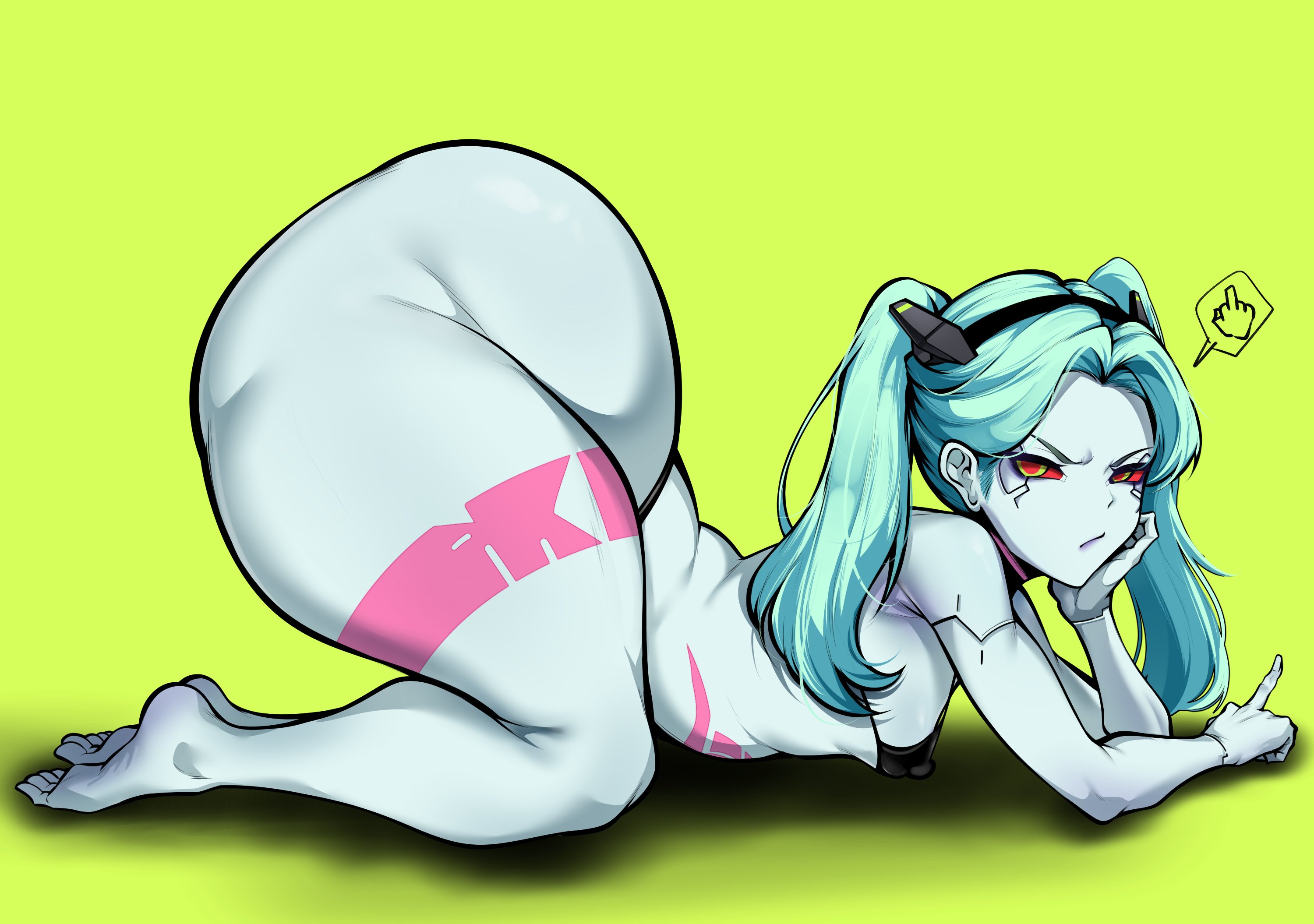 1girls, annoyed, annoyed expression, arched back, ass, ass bigger than head, bending over, bent over, bottom heavy, bra only, bubble ass, bubble butt, cybernetics, cyberpunk, cyberpunk: edgerunners, female focus, female only, hair ornament, huge ass, owner (artist), pale skin, pale-skinned female, rebecca (edgerunners), red eyes, simple background, small breasts, solo female, solo focus, tattoo, tattoo on legs, text bubble, thick thighs, thunder thighs, twintails, visible nipples