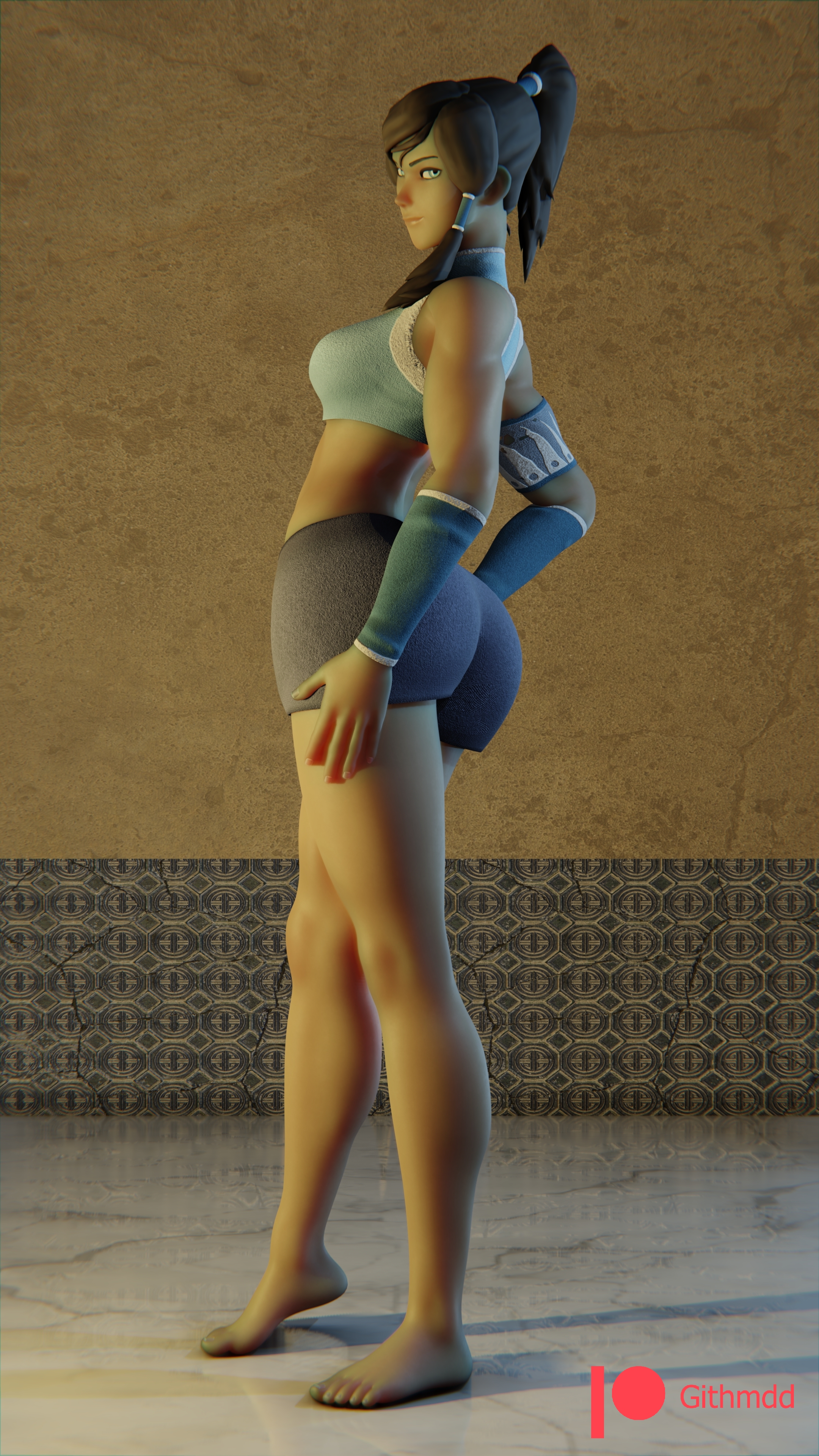 1girls, 3d, 3dx, arm sleeves, armband, ass, athletic, athletic female, avatar legends, barefoot, biceps, big ass, blue eyes, breasts, brown hair, bubble ass, bubble butt, clothing, dark skin, dark-skinned female, feet, female, female protagonist, full body, githmdd, gym shorts, hair tubes, hands on hips, high ponytail, indoors, korra, long hair, looking at viewer, medium breasts, nickelodeon, patreon, patreon reward, presenting ass, realistic textures, shorts, side view, smirk, smooth skin, solo, standing, stone floor, tank top, the avatar, the legend of korra, toes, tomboy, tri tails, water tribe, workout clothes