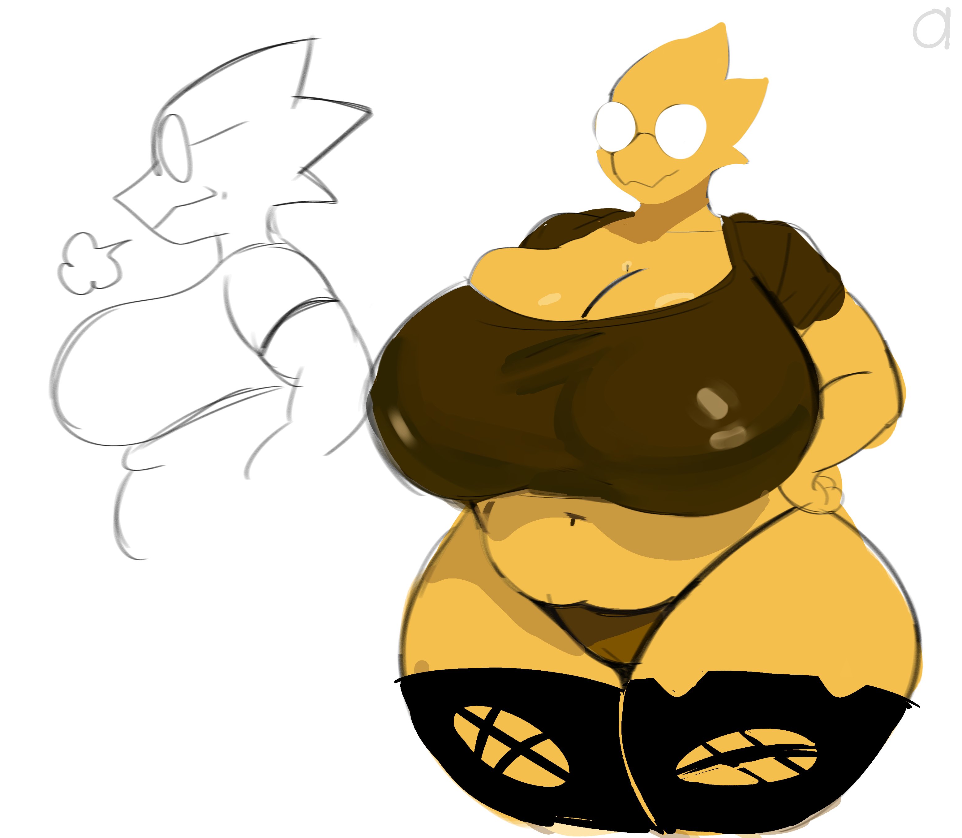 1girl, 1girls, 2d, 2d (artwork), 2d artwork, alphys, alphys (deltarune), alphys (undertale), anthro, anthro female, anthro only, belly, big breasts, black crop top, black legwear, black panties, black stockings, black tank top, black tanktop, black thighhighs, black thong, breasts, crop top, cropped top, croptop, curvaceous, curvaceous figure, curvy, curvy body, curvy female, curvy figure, deltarune, female, female focus, female only, glasses, hands on hips, hi res, high quality, high resolution, highres, hips, humanoid, large breasts, legwear, panties, pussy, reptile, reptile girl, reptile humanoid, scalie, scalie female, scalie humanoid, scalie only, simple background, skindentation, solo, solo female, solo focus, stockings, tank top, tanktop, thick thighs, thighhighs, thighs, thong, transparent panties, undertale, undertale (series), voluptuous, voluptuous body, voluptuous female, white background, wide hips, yellow skin, yellow-skinned female