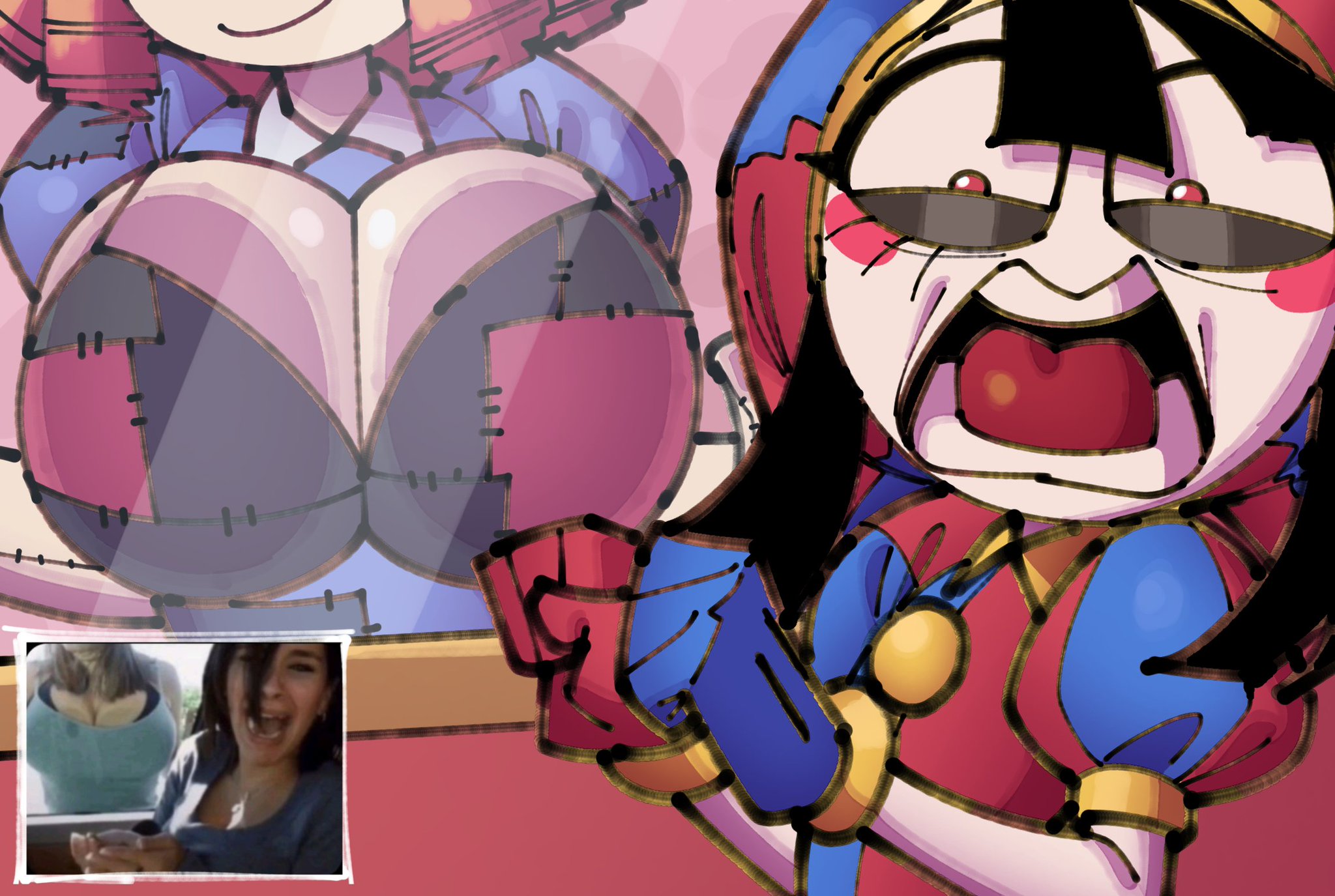 2girls, big breasts, bra, breasts, breasts focus, breasts on glass, cloudiel, clown, clown girl, female, female focus, female only, glass, glitch productions, gooseworx, huge breasts, humor, jester, jester cap, jester girl, jester hat, jester outfit, pomni, pomni (tadc), pomni (the amazing digital circus), pressed against, pressed on glass, pressing breasts, ragatha, ragatha (tadc), ragatha (the amazing digital circus), ragdoll, red hair, redhead, redhead female, redheaded female, scream, screaming, shitpost, tadc, the amazing digital circus