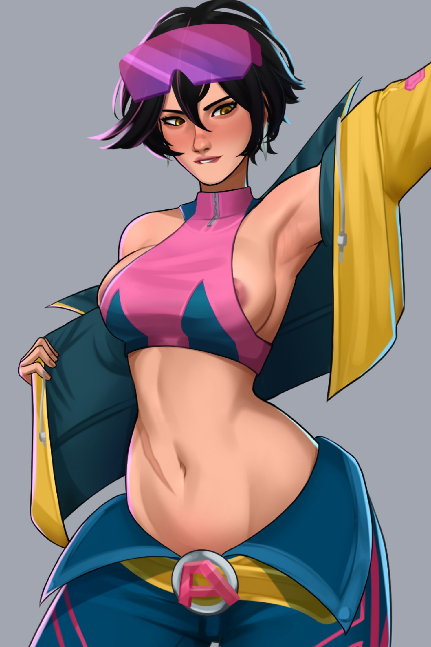 2d, abs, alternate version available, areola slip, areolae, armpit, armpit fetish, armpits, arms behind head, arms up, big breasts, biting lip, biting own lip, clothed, female, female only, jubilation lee, jubilee, jubilee (marvel rivals), lip biting, marvel, marvel rivals, mavexion, midriff, scar, sideboob, solo, stomach, teasing, teasing viewer, tummy, x-men