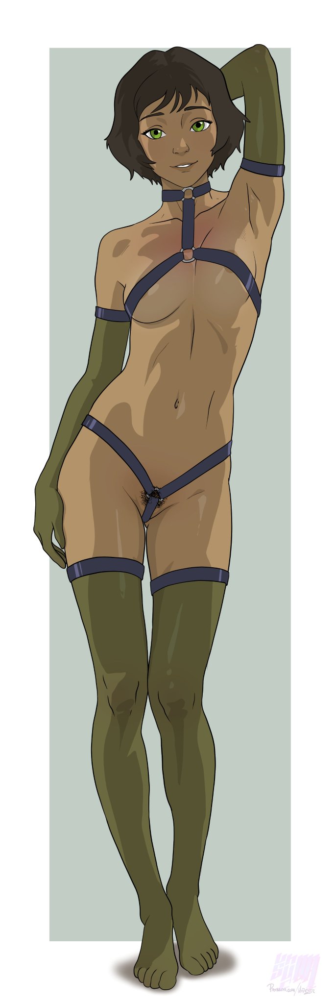 1girls, armpit, avatar legends, barely clothed, black hair, dark skin, gloves, green eyes, hand behind head, harness, lingerie, nude, opal bei fong, pubic hair, pubic hair peek, short hair, slim waist, small breasts, solo, the legend of korra, thighhighs, undrsydr