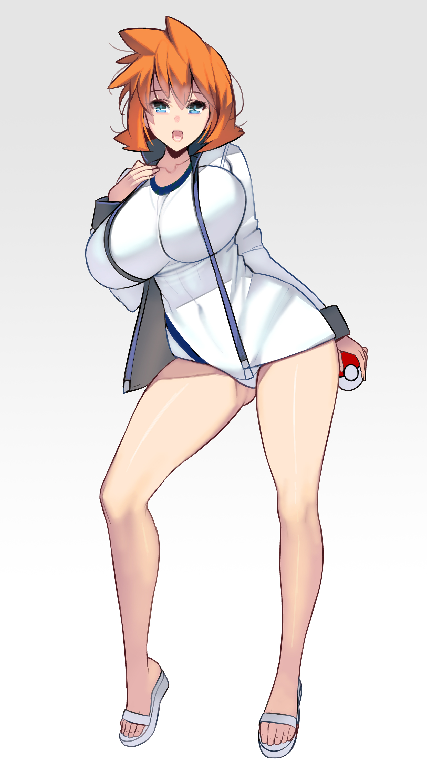 abs, alternate breast size, blue eyes, breasts, cowboy shot, female, game freak, gym leader, highres, holding, holding poke ball, huge breasts, jacket, kasumi (pokemon), large breasts, legs, masao, misty (pokemon hgss), misty (pokemon), nintendo, one-piece swimsuit, open jacket, open mouth, orange hair, poke ball, pokemon, pokemon (game), pokemon character, pokemon gsc, pokemon hgss, sandals, simple background, smile, solo, spread legs, standing, swimsuit, thighs