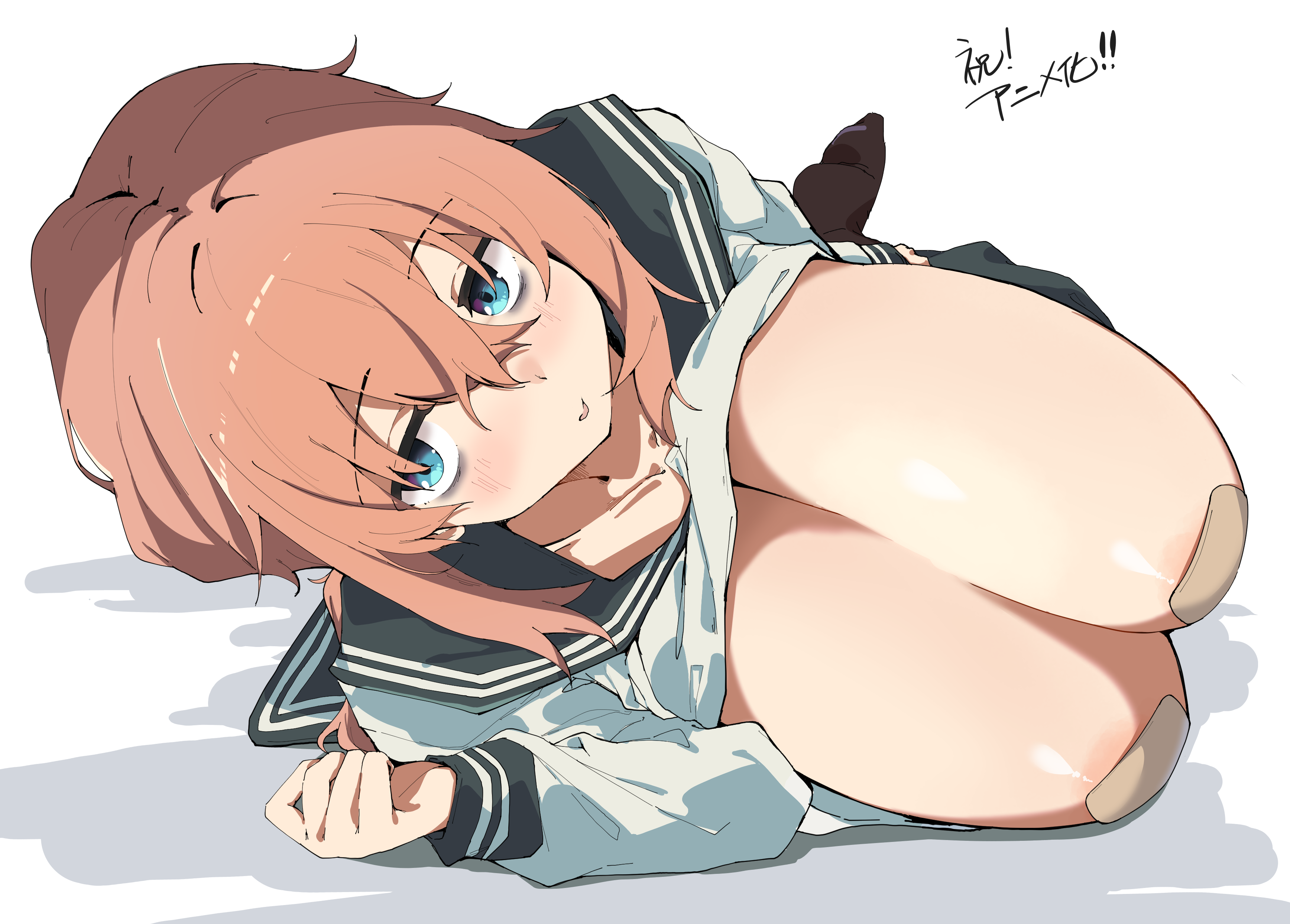 1girl, absurdres, bandaid, bandaids on nipples, black sailor collar, blue eyes, breasts, clothes lift, commentary request, hair between eyes, highres, huge breasts, looking at viewer, lying, michinoku komaro, on side, pasties, pink hair, sailor collar, school uniform, seitokai ni mo ana wa aru!, serafuku, shirt, shirt lift, simple background, solo, spy artservice, translation request, white background, white shirt