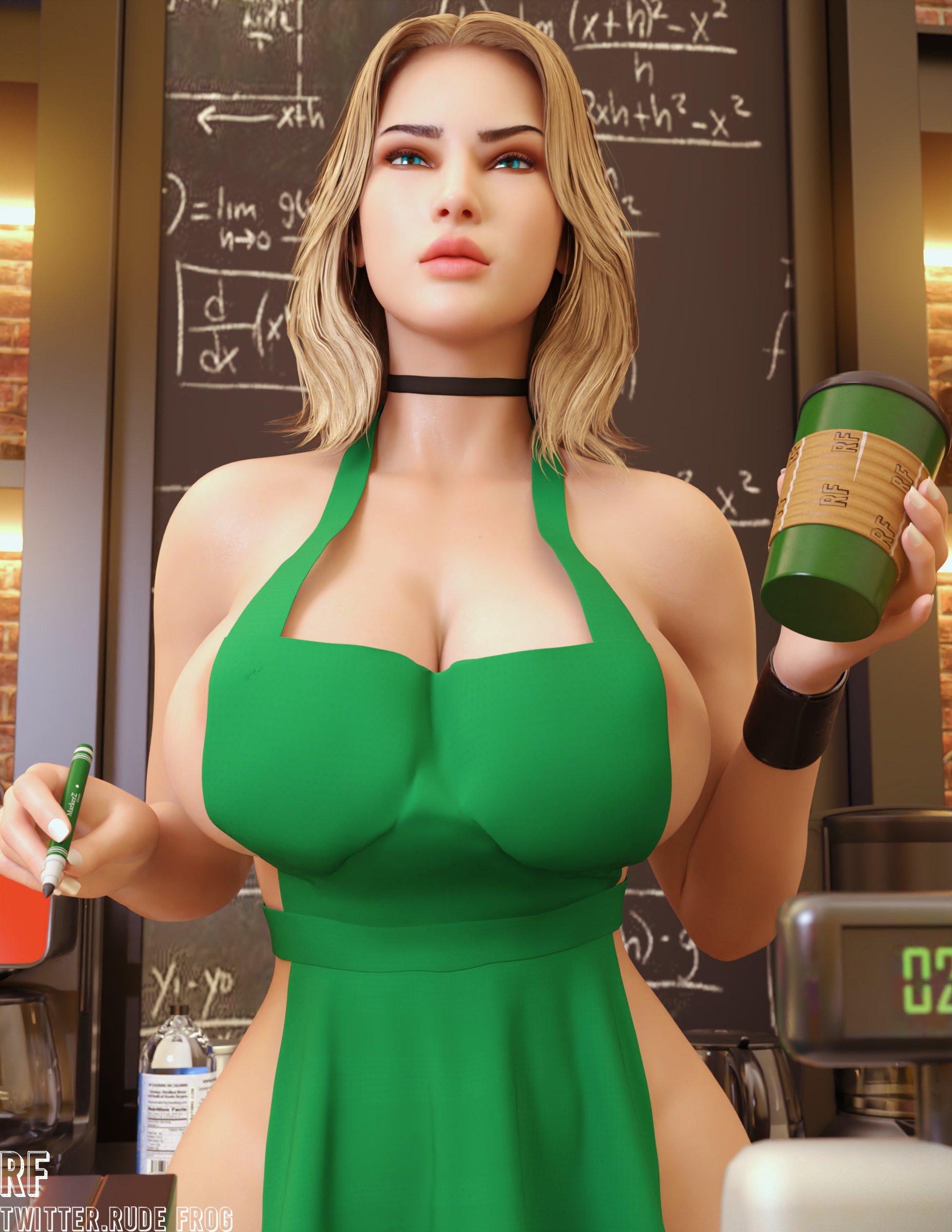 1girls, 3d, apron, big breasts, blonde hair, blue eyes, breasts, busty, choker, cleavage, emma frost, female, female focus, female only, hourglass figure, iced latte with breast milk, large breasts, looking at viewer, marvel, marvel comics, meme, nude apron, rude frog, sideboob, tagme, waitress, waitress uniform, wide hips