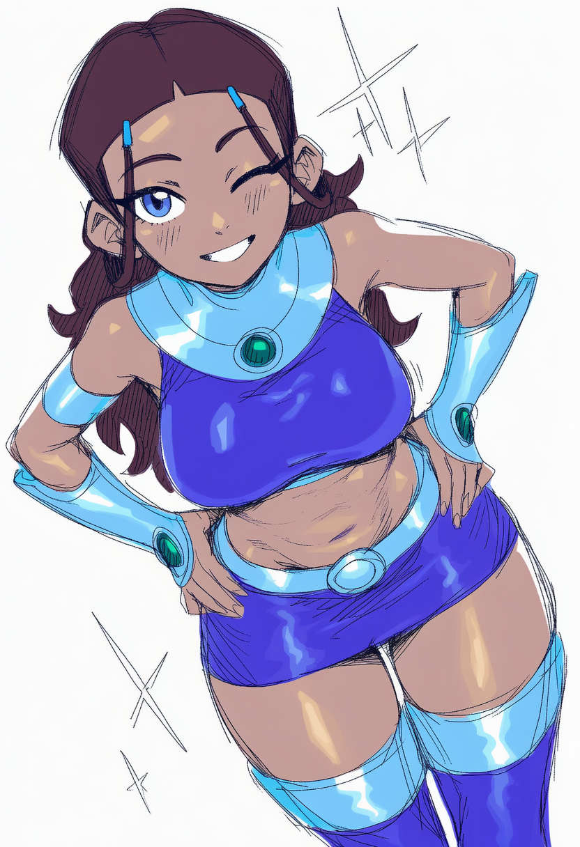 1girl, athletic female, avatar the last airbender, bare shoulders, belly button, big breasts, black hair, blue eyes, breasts, breedable hips, brown-skinned female, busty, child bearing hips, cosplay, cute, dark hair, dark skin, dark-skinned female, dc, dc comics, female, female focus, female only, hair loopies, hands on hips, hips, katara, large breasts, long hair, looking at viewer, one eye closed, pose, posing, posing for the viewer, shoulders, simple background, solo, solo female, solo focus, sparkle, starfire (cosplay), teen titans, very long hair, white background, wink, winking at viewer