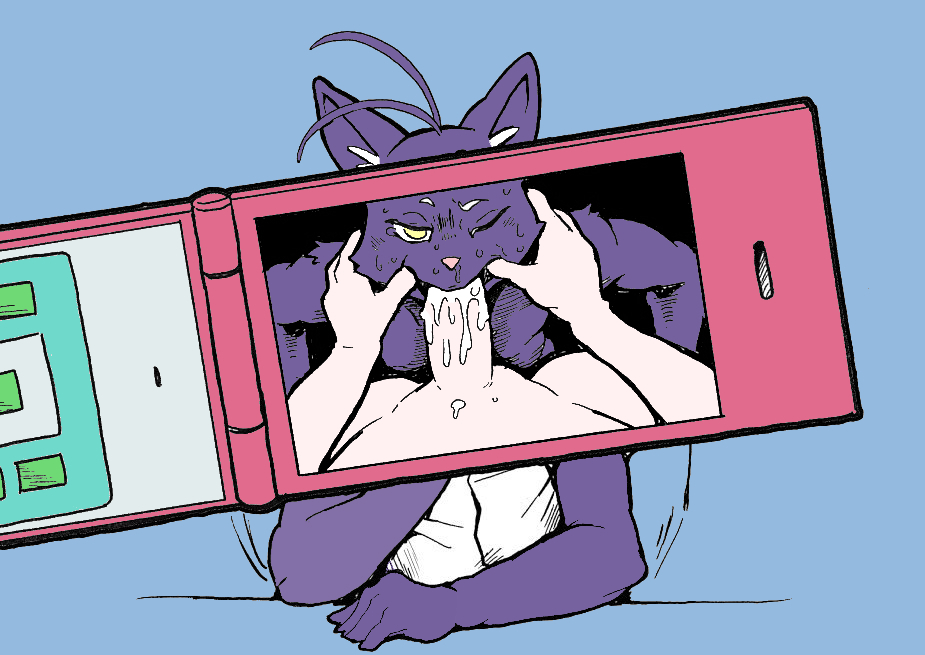 anthro camera clothing domestic_cat felid feline felis fellatio finger_fetish finger_in_mouth finger_play fingers human kori-nio male male/male mammal morenatsu oral penile phone purple_body sex shin_(morenatsu) shirt slurp superimposed topwear video_games visual_novel yellow_eyes