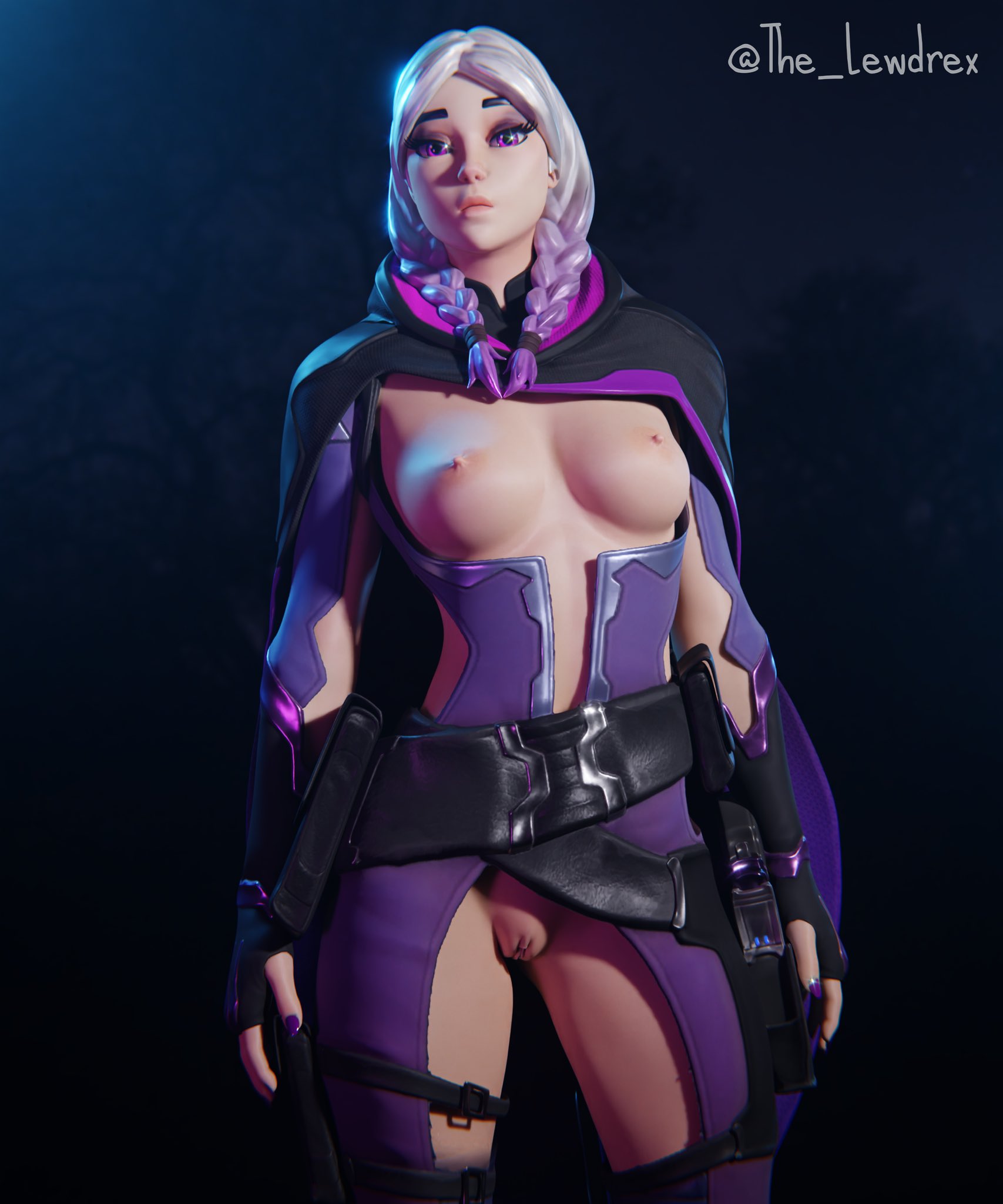 1girls, 3d, alternate version available, areolae, blender, bottomwear, breasts, breasts out, cape, clothed, clothing, epic games, female, female focus, female only, fortnite, highres, lewdrex, light skin, light-skinned female, medium breasts, multicolored hair, nipples, no panties, pose, posing, presenting, presenting breasts, presenting pussy, purple eyes, pussy, pussy lips, pussy peek, simple background, solo, solo focus, topwear, torin (fortnite), twintails, two-tone hair, vagina, watermark