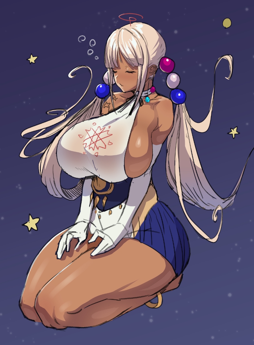 1girls, 2021, amamiya (abaros), anklet, bare legs, bare shoulders, blue background, breasts, closed eyes, clothing, dark skin, dark-skinned female, elbow gloves, female, female only, full body, gloves, hair bobbles, highres, hololive, hololive english, hololive english -council-, huge breasts, kneeling, long hair, long twintails, miniskirt, nose bubble, platinum blonde hair, seiza, shirt, sideboob, simple background, sitting, skirt, sleeping, sleeveless, sleeveless shirt, solo, space, space background, star, star marking, thick thighs, thighs, tied hair, tsukumo sana, twintails, very long hair, virtual youtuber, white gloves