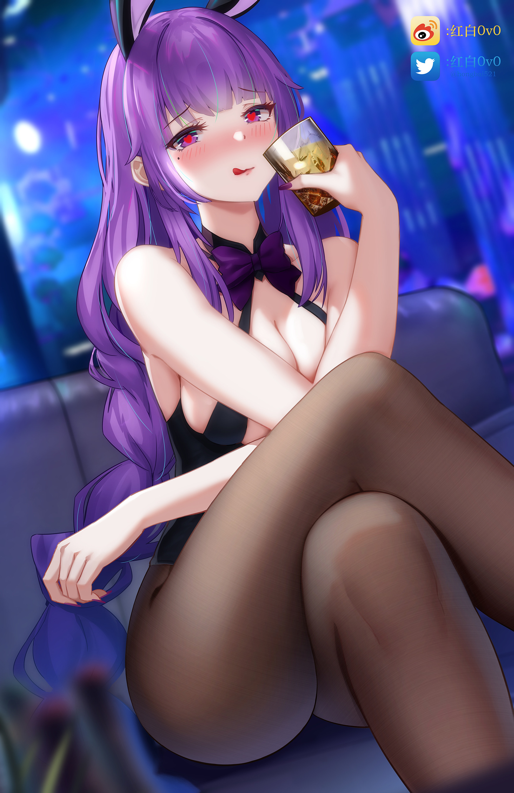 alcohol, beauty mark, blush, breasts, bunny ears, bunny girl, bunnysuit, female, genshin impact, heart-shaped pupils, hongbai, large breasts, mole, mole under eye, purple eyes, purple hair, raiden shogun