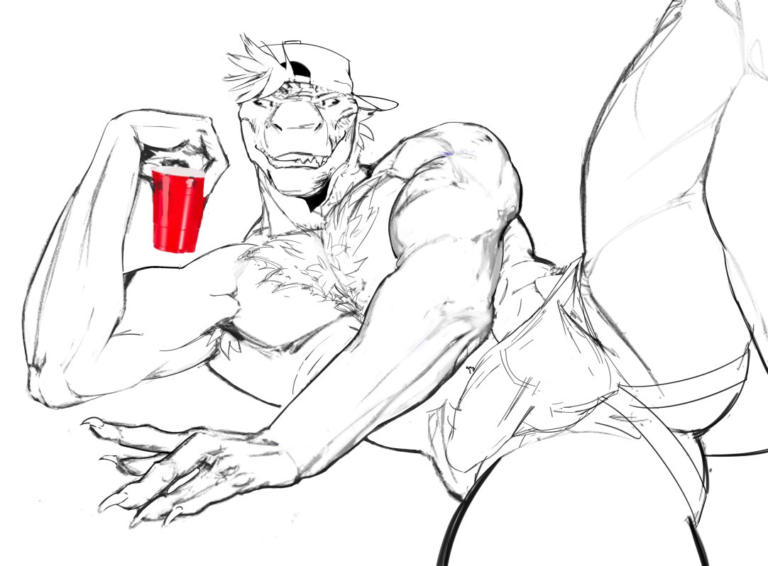 1boy abs alcohol anthro armpit_hair ass baseball_cap beverage biceps body_hair chest_hair clothing dinosaur hat headgear headwear kotia looking_at_viewer male male_only muscular muscular_anthro muscular_male pecs reptile scalie smile solo solo_cup solo_male tagg taggcrossroad