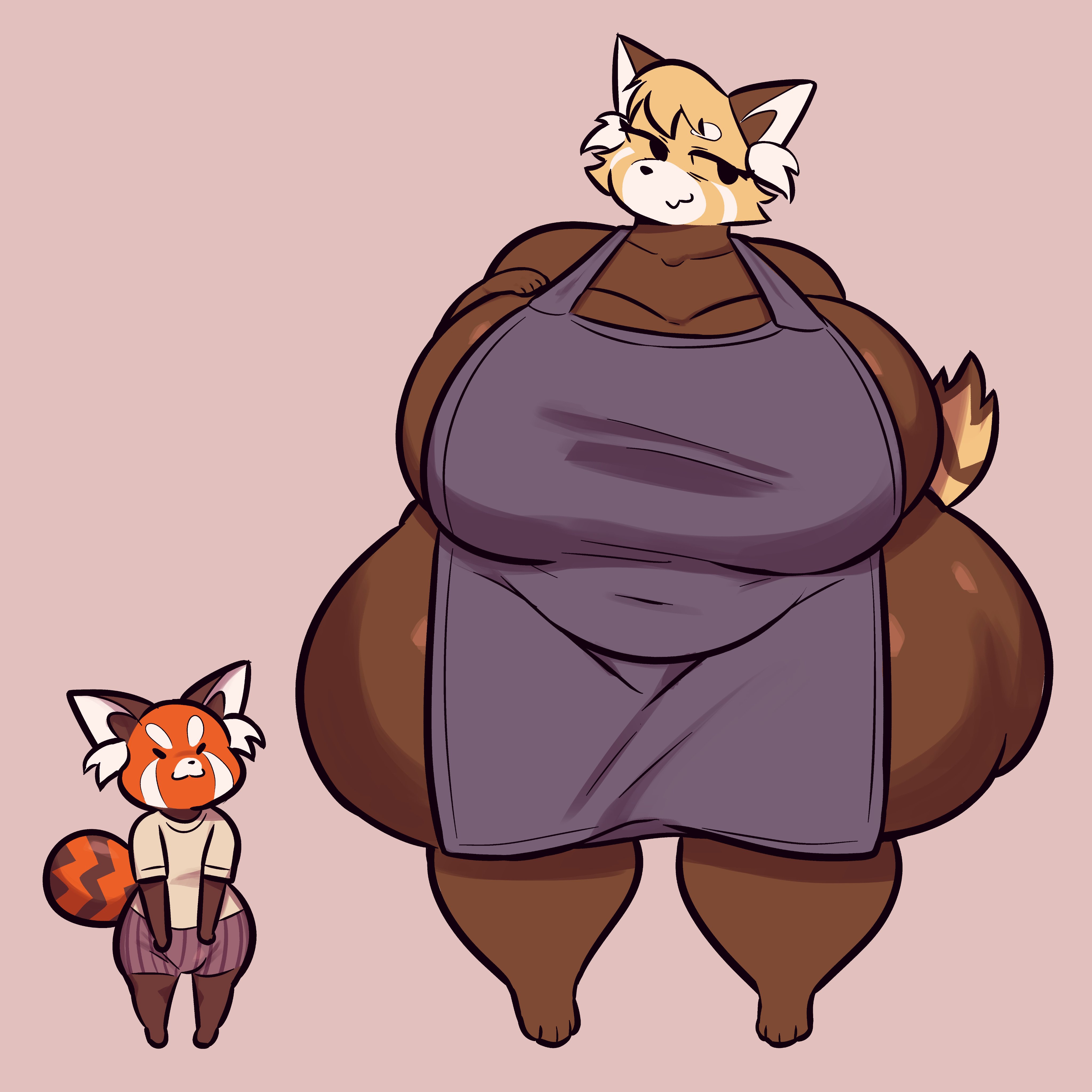 :3, apron, apron only, ass, astonarts, belly, big ass, big breasts, black eyes, boxers (clothing), breasts, brown body, brown fur, butt, chikn nuggit, clothing, duo, female, fur, furry, hand on breast, hand on own breast, hips, huge ass, huge breasts, huge hips, huge thighs, male, mammal, markings, mature female, mommy, mother, mother and son, navel outline, obese, orange fur, overweight, parent, parent and child, pink background, red panda, sassparilla (chikn nuggit), shirt, simple background, sody pop (chikn nuggit), son, stripped tail, tail, thick thighs, thighs, topwear, underwear, wide hips