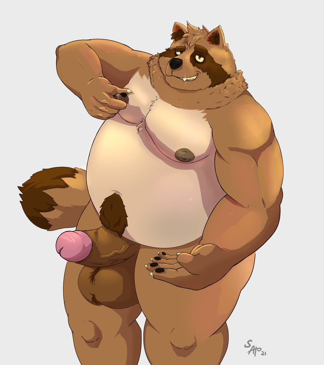 2021 anthro balls belly black_nose booki_(character) brown_body brown_fur canid canine erection fur genitals hi_res humanoid_genitalia humanoid_hands humanoid_penis male mammal moobs nipples overweight overweight_male penis raccoon_dog sato_afroleone simple_background solo tanuki