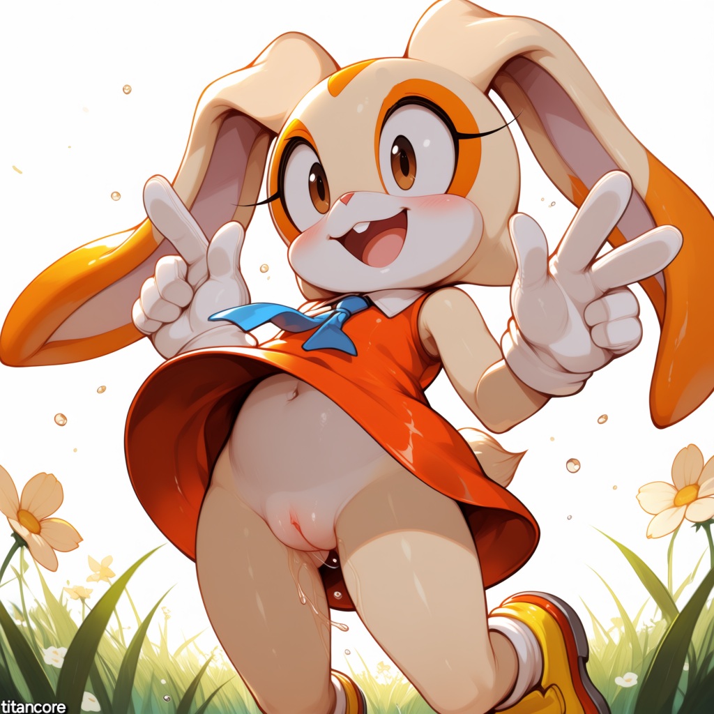 (titancore), ai generated, animal humanoid, ass focus, cream the rabbit, cute dress, cute girl, female, flowers, furry, girl, grass field, happy, my lady, no panties, rabbit, rabbit ears, rabbit girl, rabbit tail, showing pussy, sonic (series), video game character, wet pussy