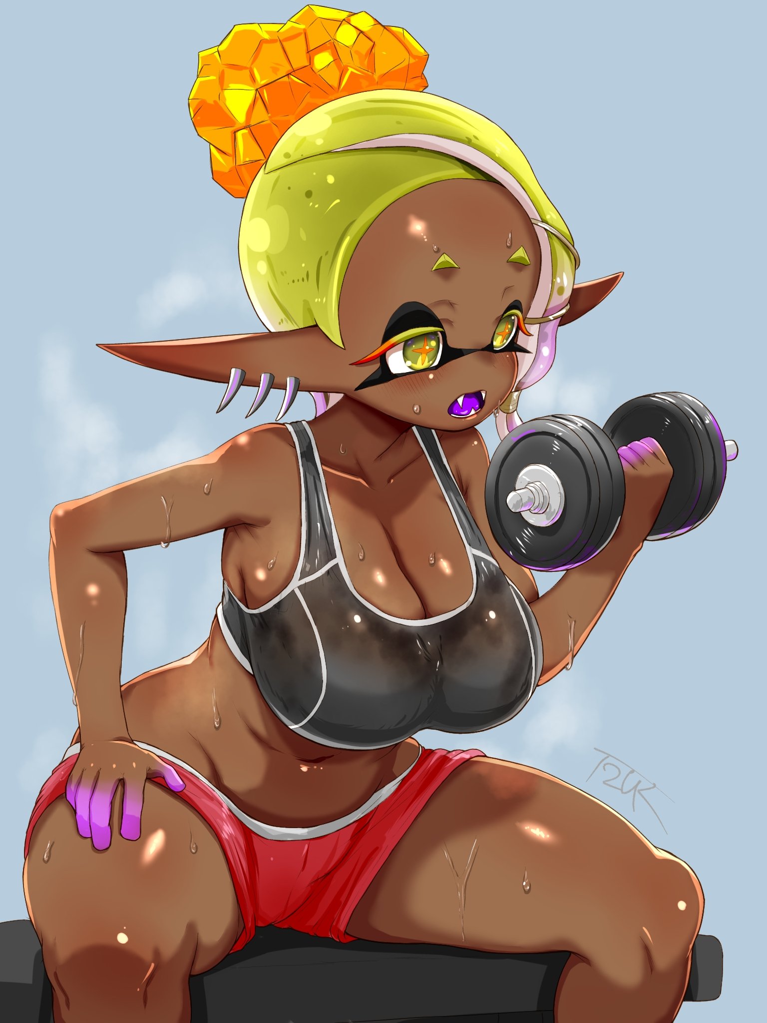 big ass, big breasts, cleavage, frye (splatoon), heavy breathing, huge ass, huge breasts, lifting, shorts, splatoon, splatoon (series), splatoon 3, sweat, t2ukmyjm, workout, workout clothes, yellow hair
