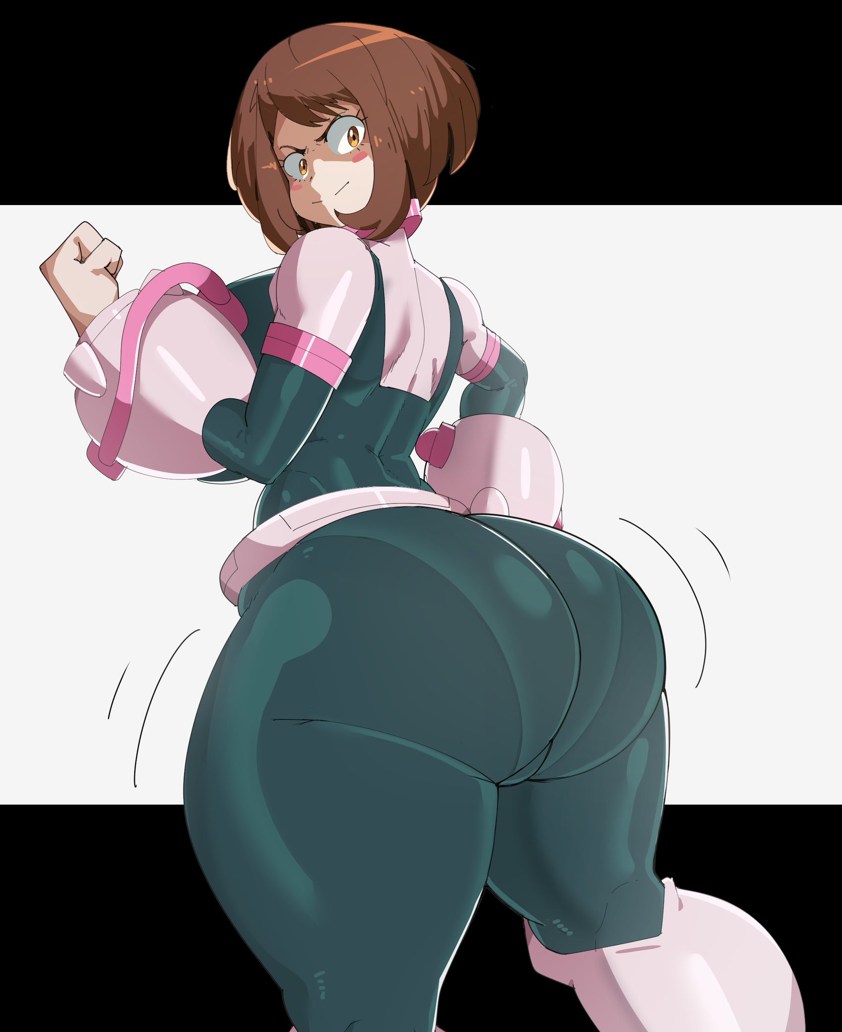 1girls, 1human, 2d, ass, ass focus, back, big ass, big breasts, breasts, brown eyes, brown eyes female, brown hair, brown hair female, brown-eyed female, brown-haired female, butt crack outline, butt focus, clothed, clothed female, dat ass, dumptruck ass, female, female ass, female ass focus, female butt, female only, gluteal fold, hand on hip, hero outfit (mha), heroine, human, human female, human only, large ass, legs, light skin, light-skinned female, loftysundew, looking back at viewer, motion lines, my hero academia, ochako uraraka, panties visible through clothing, rosy cheeks, shonen jump, short hair, sideboob, smiling, solo, solo female, standing, teenager, thick thighs, thighs, thunder thighs, voluptuous