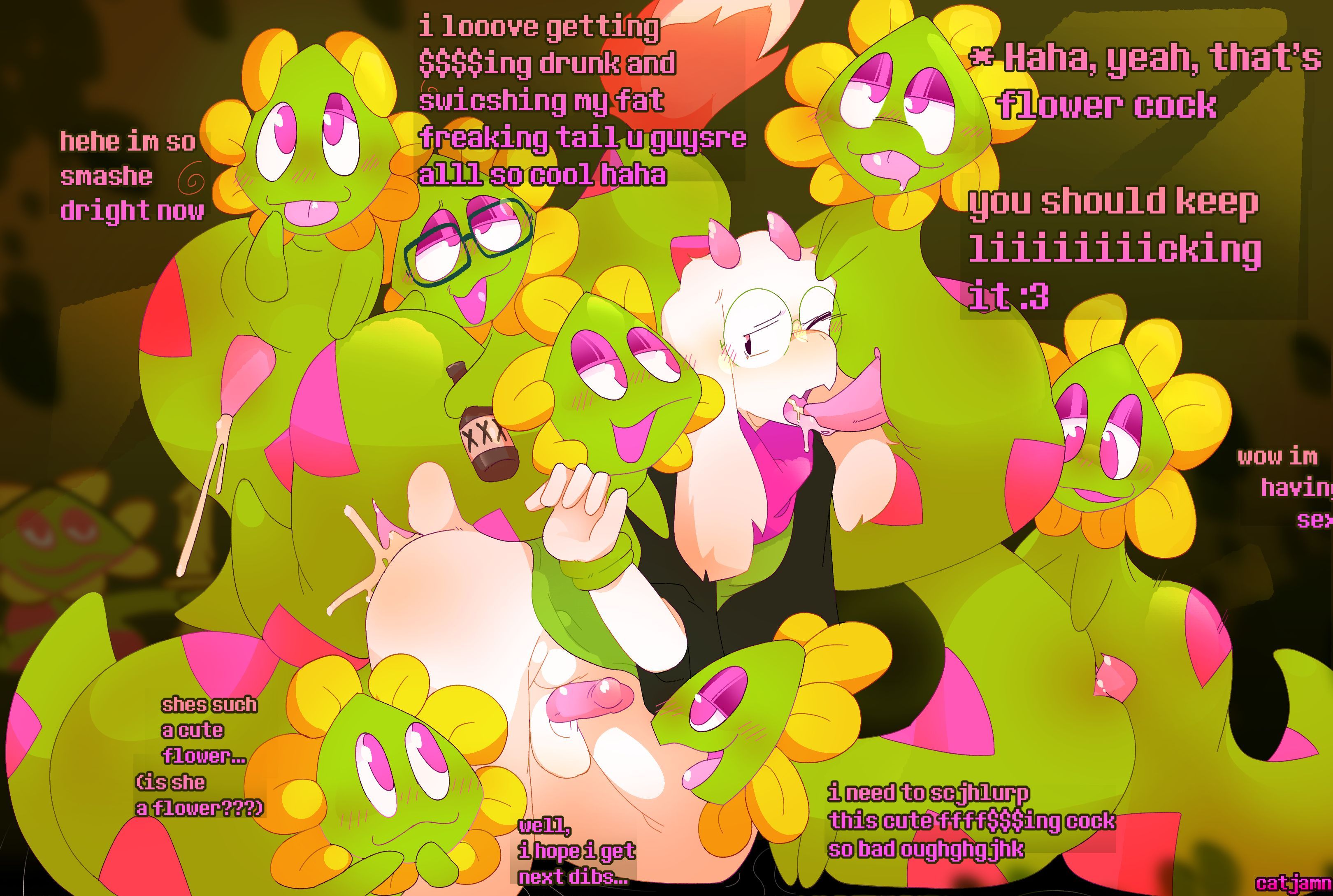 :3, :3d, 3others, 5boys, alcohol, ambiguous gender, ambiguous penetration, anal, anal penetration, anal sex, artist signature, blush, blush lines, blushing, bottle, bound, bound wrists, caprine, catjam (artist), catjamn, cum, cum in ass, cum in mouth, cum on tongue, deltarune, dialogue, drooling, drunk, erection, eyewear, floppy ears, flora fauna, floradinn, flower, fox tail, gangbang, glasses, goat, green body, green clothing, green glasses, group, group sex, holding bottle, horns, imminent oral, licking, lidded eyes, long ears, long sleeves, long tail, looking at another, looking at partner, looking at penis, male, male focus, mouth drool, multiple boys, netskie, one eye closed, open mouth, oral, oral sex, orgasm, orgy, penis, petals, pink eyes, pink scarf, pink stripes, plant, ralsei, restrained, scarf, smile, smiling, snake tail, snout, striped body, tail, tapering penis, tongue, tongue out, vines, white fur, yellow flower
