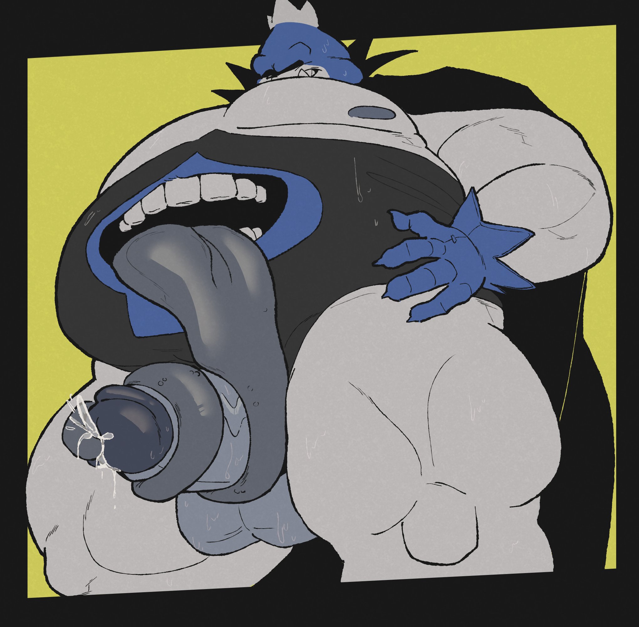 2026, autotonguejob, belly mouth, big thighs, big tongue, cape, cum, deltarune, deltarune chapter 1, extended tongue, image, king spade, large tongue, male only, masturbation, musclegut, muscles, muscular arms, muscular thighs, overweight, overweight male, penis, penis focus, simple background, solo, solo focus, solo male, sweat, sweatdrop, sweaty, tongue around penis, tongue focus, tongue in urethra