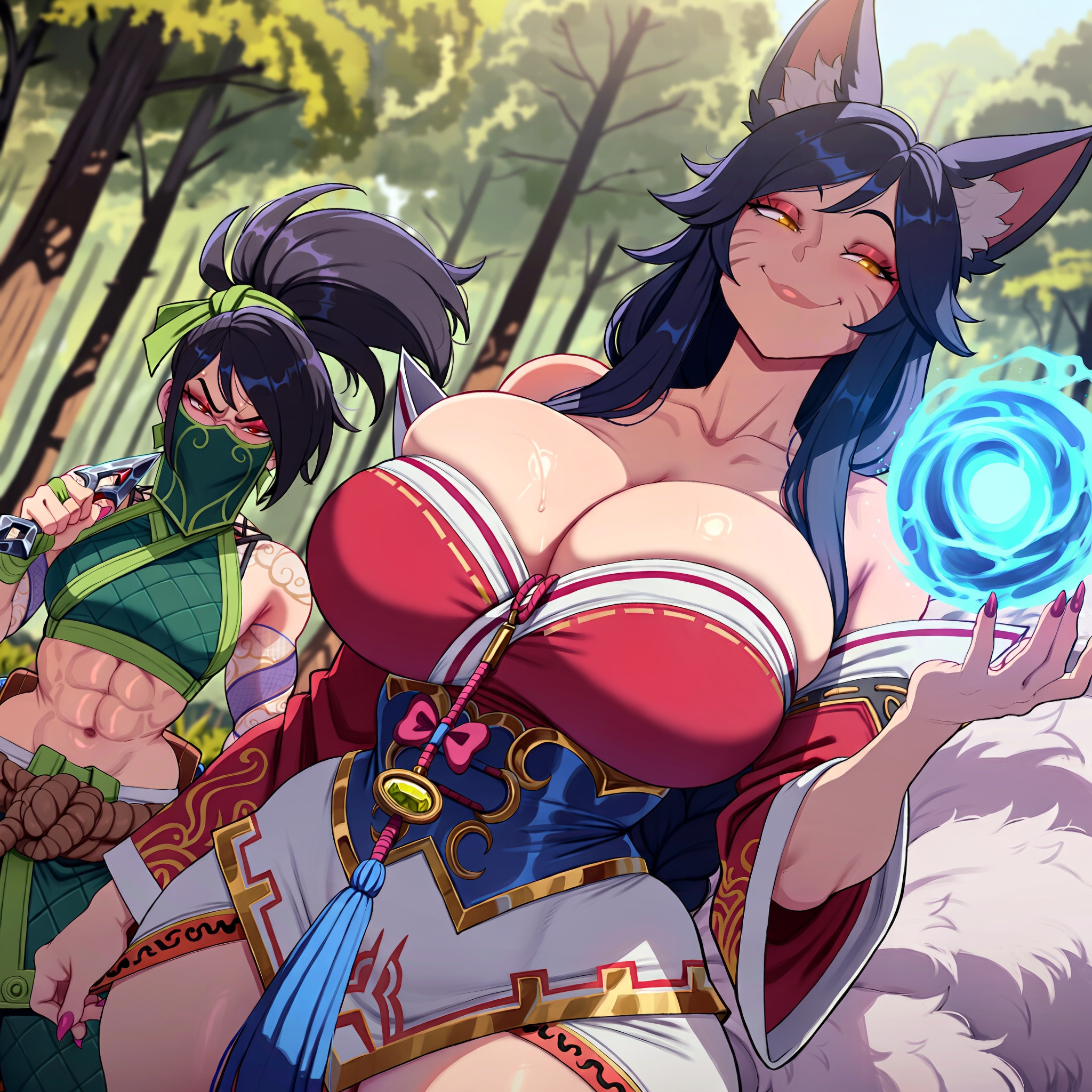 2girls, abs, ahri, ahri (league of legends), ai generated, akali, akali (league of legends), animal ears, bare shoulders, black hair, breasts, child bearing hips, cleavage, closed mouth, collarbone, comic, comic page, comic panel, comic strip, crop top, curvaceous, curvaceous body, curvaceous female, curvaceous figure, curvaceous hips, curvaceous thighs, detached sleeves, facial mark, fingernails, forest, fox ears, fox girl, fox tail, holding, holding weapon, huge breasts, large breasts, league of legends, long hair, mask, midriff, miss corvus, mouth mask, multiple girls, multiple tails, nail polish, nature, navel, orange eyes, outdoors, ponytail, red eyes, red nails, shiny skin, smile, stomach, tail, tattoo, tree, waifu, weapon, whisker markings