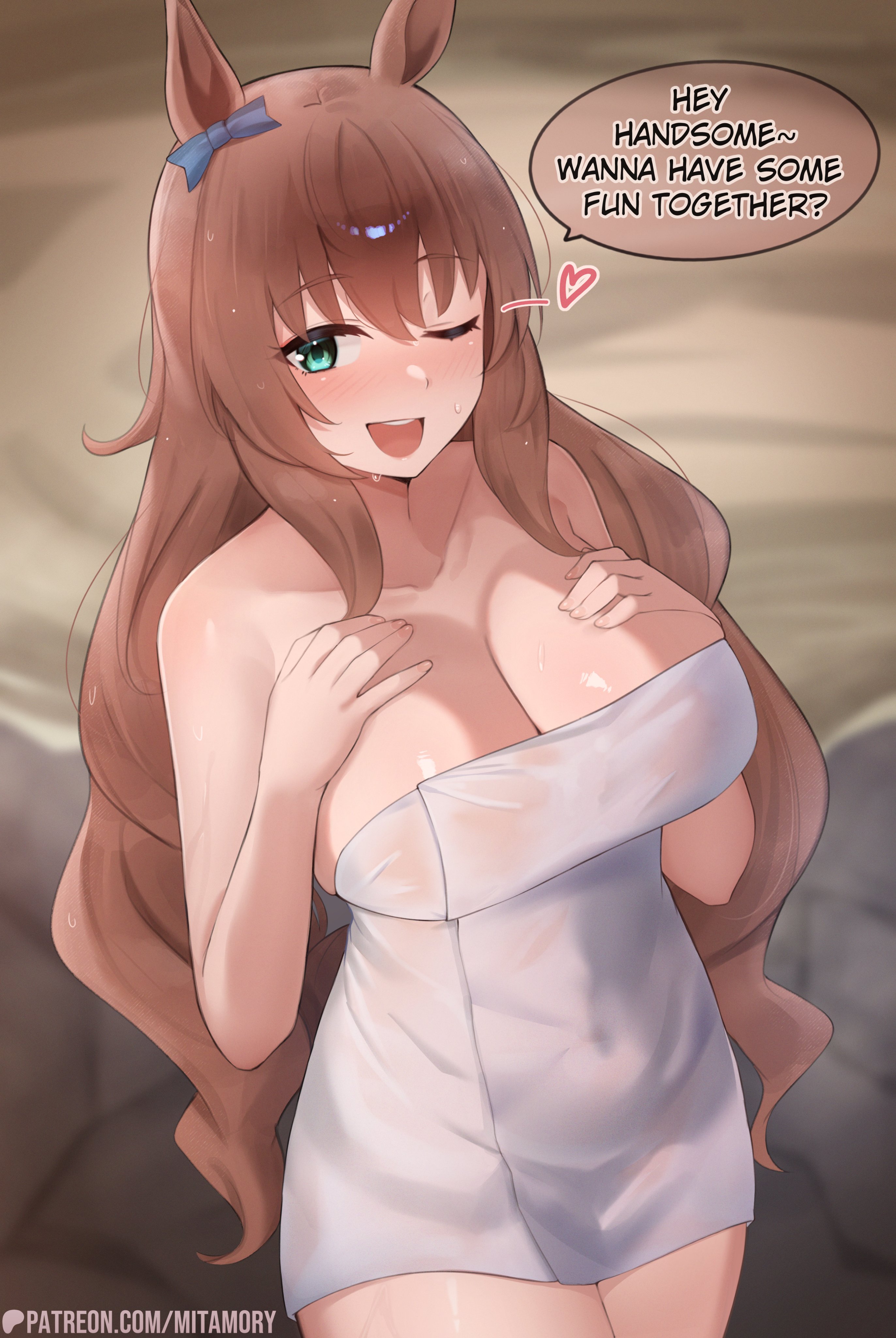 1girl, adorable, aqua eyes, blush, brown hair, cleavage, cute, english text, horse ears, horse girl, horse tail, inviting, inviting to sex, large breasts, long hair, looking at viewer, maruzensky (umamusume), mitamory, naked towel, onsen, open mouth, smile, solo, speech bubble, umamusume, umamusume pretty derby, wink, winking, winking at viewer