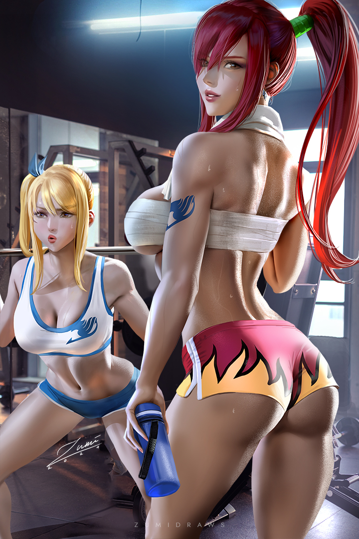 2girls, abs, arm tattoo, ass, bare shoulders, blonde hair, blonde-haired female, blue tattoo, breasts, brown eyes, cleavage, earrings, erza scarlet, exercise, fairy tail, fairy tail mark, female, female only, gym, gym clothes, high ponytail, human, lips, looking at viewer, looking back, lucy heartfilia, ponytail, red hair, red-haired female, short shorts, shorts, side ponytail, sideboob, sidelocks, smile, sweat, tattoo, teenager, thermos, towel around neck, weightlifting, weights, zumi