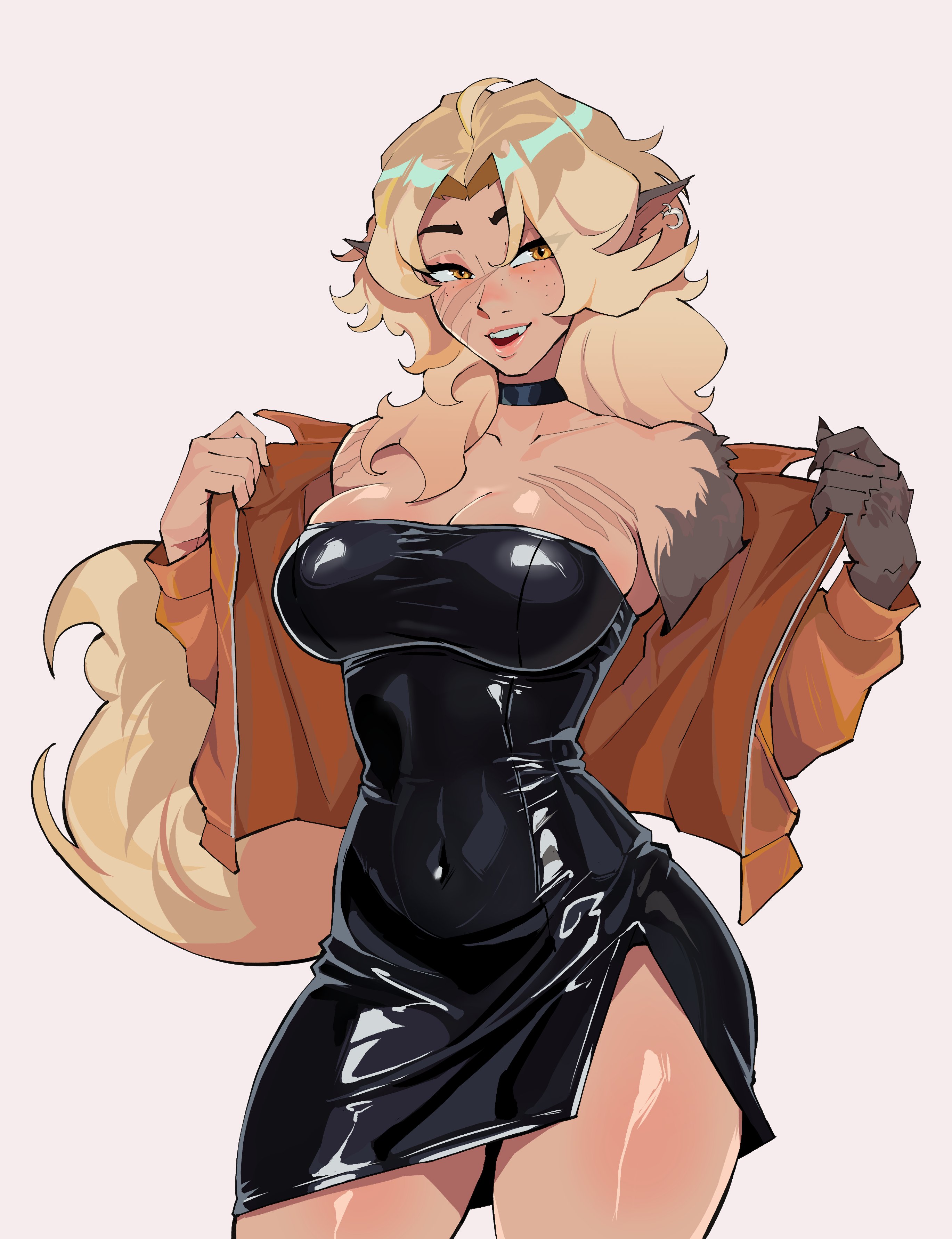 1girls, black clothing, black latex, choker, claws, cleavage, deadlock, earrings, female focus, female only, jacket, latex, latex clothing, latex dress, long hair, messy hair, rubber, rubber clothing, scars, sharp claws, shiny clothes, silver (deadlock), strapless dress, thick thighs, tight clothing, trazhwall, wolf ears, wolf girl, wolf humanoid