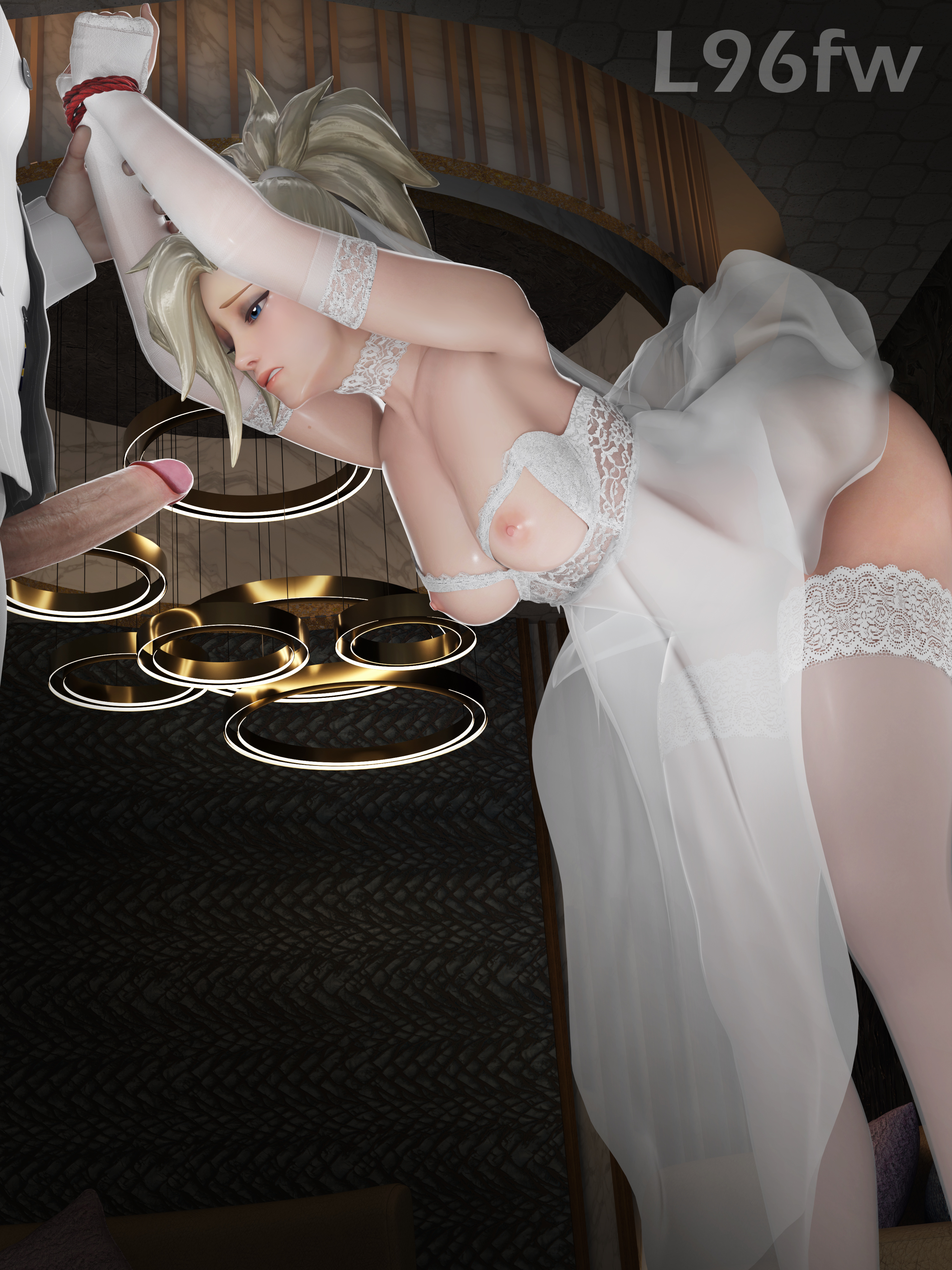 1boy, 1boy1girl, 1girls, big boobs, big breasts, blonde female, blonde hair, blue eyes, boobs, breasts, bridal gauntlets, bride, cock, dick, feet, female, female focus, l96fw, looking down, male, mercy, no panties, overwatch, overwatch 2, penis, stockings, thighs, tied hands, vest, wedding dress, wedding veil, white legwear
