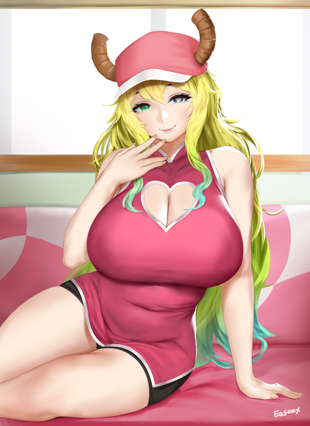 1girls, bare shoulders, big breasts, blonde hair, blue hair, breasts, cleavage, cleavage cutout, clothing, couch, dragon, dragon girl, easonx, female, female only, green hair, hat, heterochromia, horns, indoors, large breasts, lips, looking at viewer, lucoa, miss kobayashi's dragon maid, multicolored hair, nipple bulge, quetzalcoatl (dragon maid), shorts, sidelocks, smile, solo