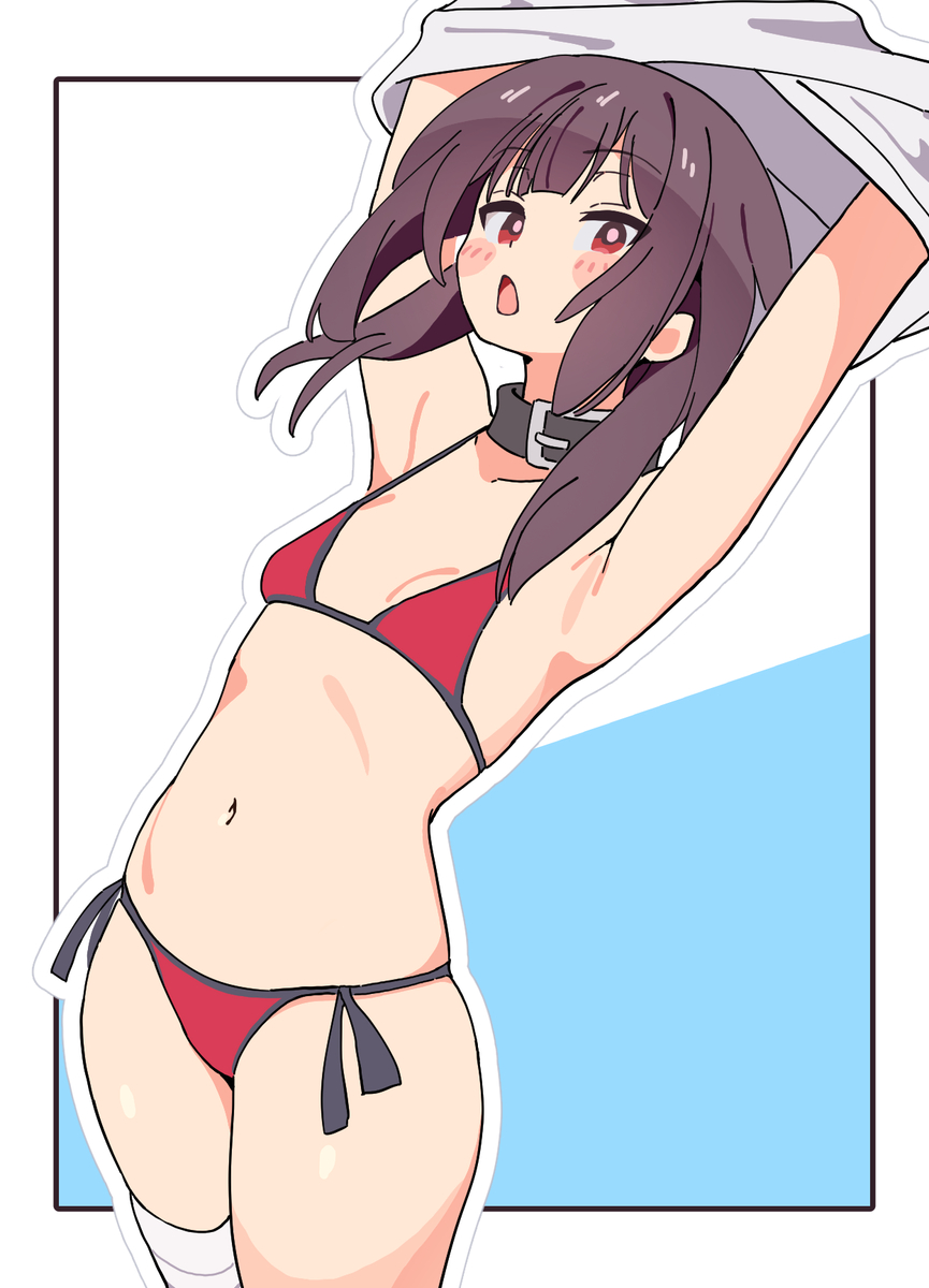 bandage, blush, choker, kono subarashii sekai ni shukufuku wo!, konosuba, looking at viewer, megumin, noyama takenoko, red bikini, red eyes, undressing