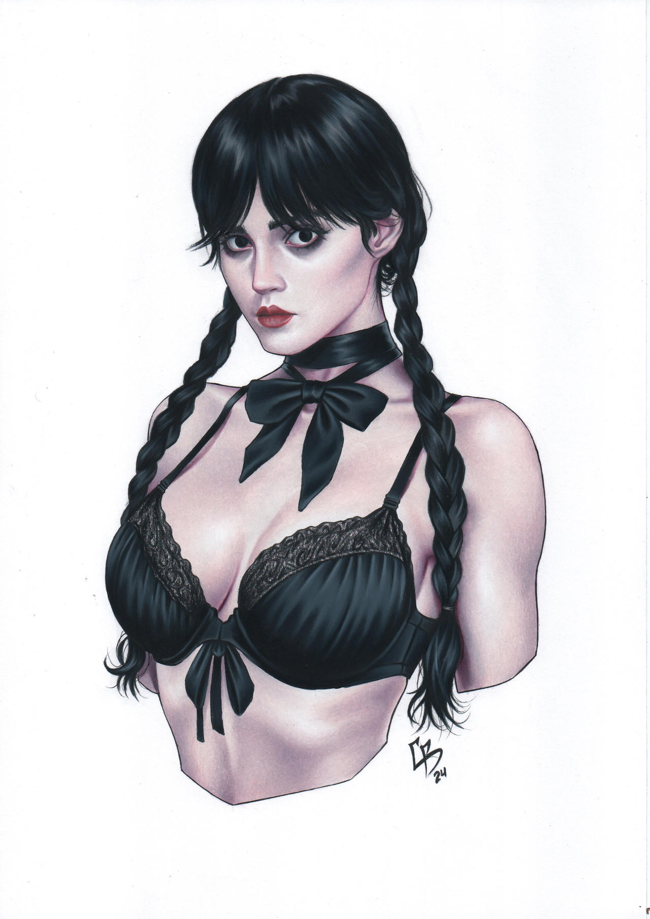 1girls, big breasts, black hair, bra, breasts, choker, chriscomicart, cleavage, female, female only, goth, goth girl, lace-trimmed bra, solo, solo female, the addams family, traditional media (artwork), wednesday (netflix), wednesday addams