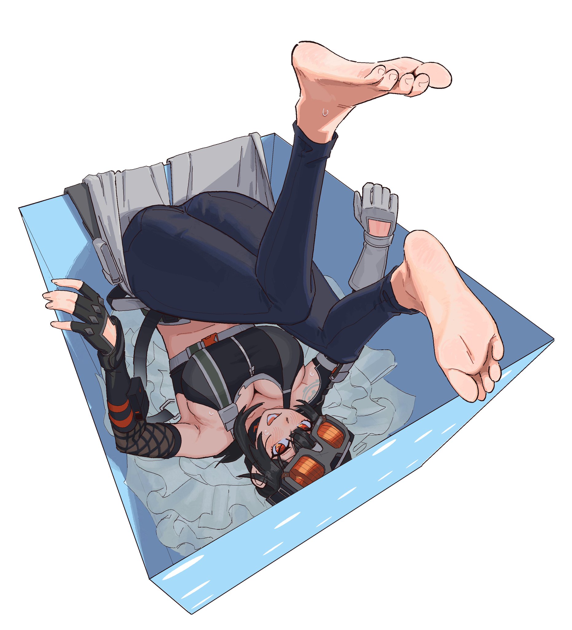 1girls, barefoot, belly, belly button, big breasts, black hair, blush, blushing, box, breasts, busty, cleavage, cleavage cutout, crop, curves, curvy, dark hair, dirt, dirty, feet, feet focus, feet up, female, female only, firearm, foot focus, gloves, goggles, goggles on head, grace howard, grenade, gun, guns, halfbakelim, hoyoverse, huge breasts, inside box, large ass, large breasts, legs up, light skin, light-skinned female, mechanic, mihoyo, ponytail, red eyes, soles, soles female, soles fetish, soles focus, sollim, sollim (artist), solo, sweat, sweating, sweaty, tagme, tagme (artist), thick thighs, thin, thin waist, tied hair, tight clothes, tight clothing, toes, tomboy, top, upside down, upside-down, weapons, zenless zone zero