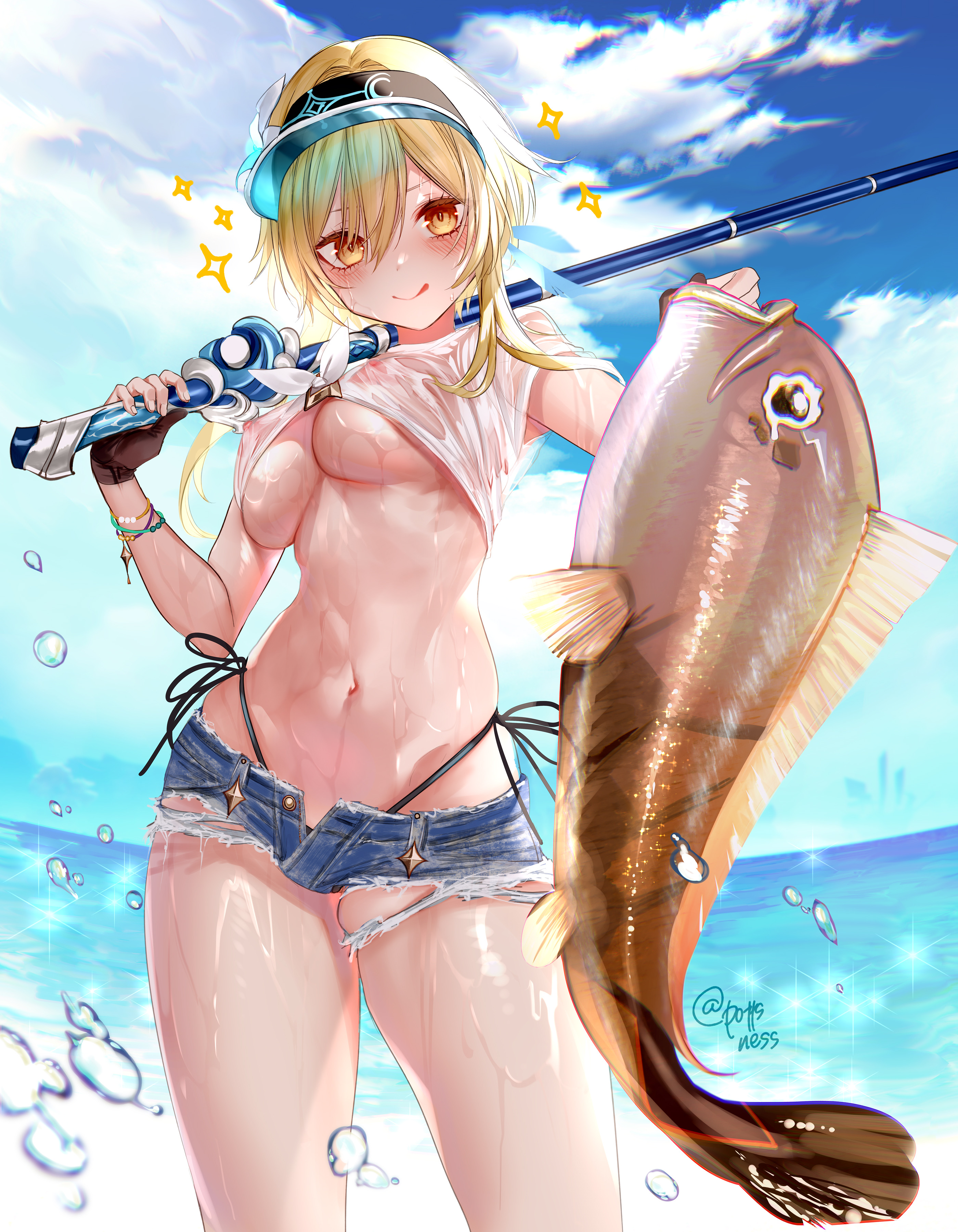 1girls, big breasts, blonde hair, blush, breasts, female, fish, fishing, fishing rod, genshin impact, lumine (genshin impact), pottsness, see-through, see-through clothing, soaked clothes, thick thighs, thighs, tongue, tongue out, underboob, wet, wet clothes, yellow eyes