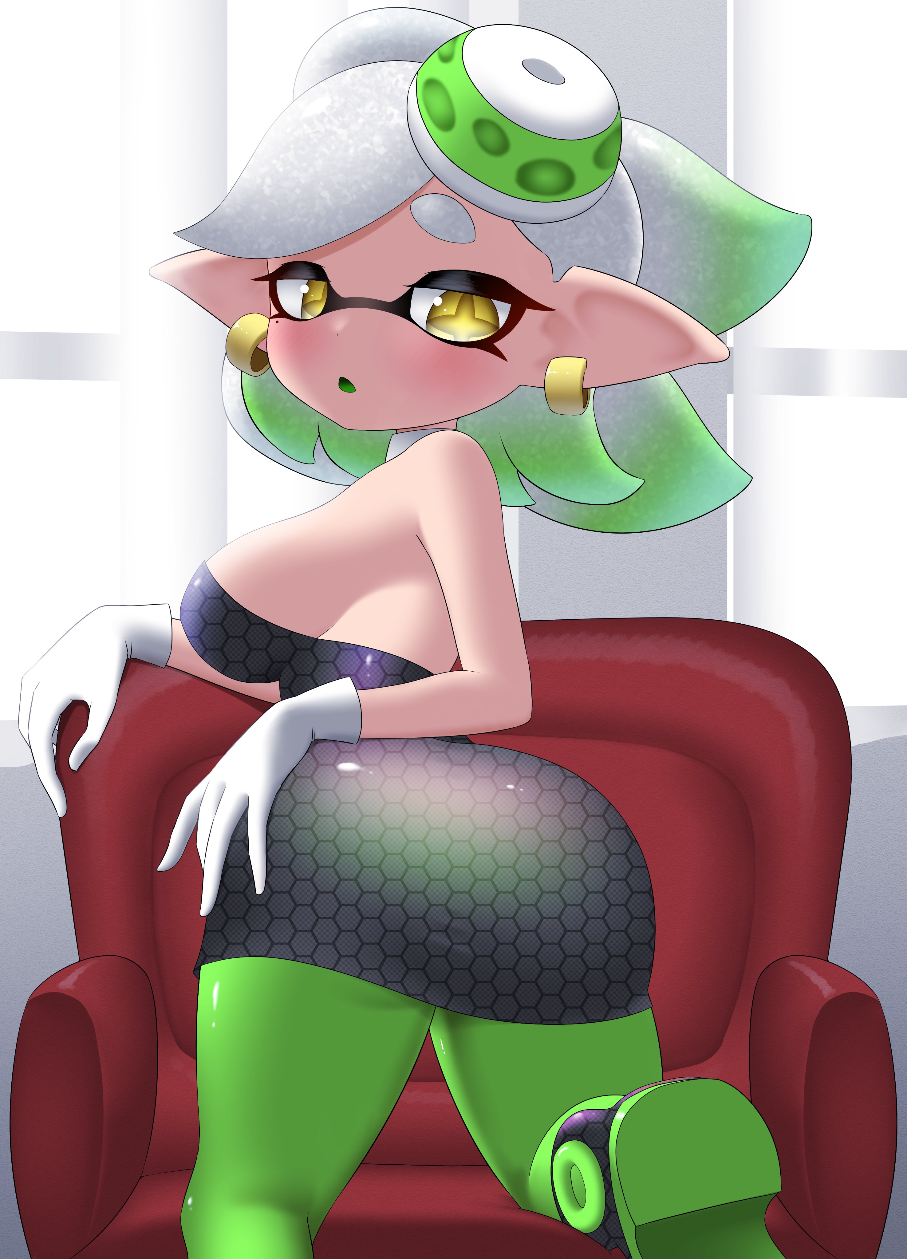 1girls, ass, female, gloves, indoors, inkling, looking at viewer, looking back, looking back at viewer, marie (splatoon), nintendo, nobunagapero, pantyhose, peronattu, solo, solo female, splatoon, tagme, white gloves