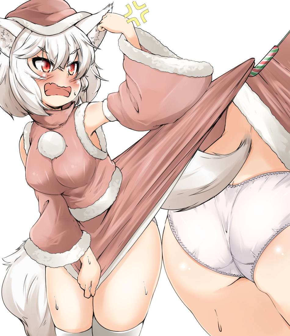 anger_vein animal_ears ass ass_cleavage assisted_exposure blush butt_crack christmas detached_sleeves female mepikari momiji_inubashiri panties pantyshot red_eyes short_hair sweat sweatdrop tagme tail thighhighs touhou underwear upskirt white_hair white_panties wolf_ears wolf_girl wolf_tail