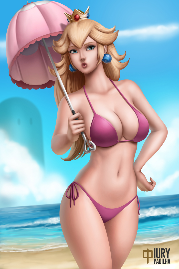 1girls, alternate breast size, beach, bikini, blonde hair, blonde-haired female, blue eyes, breasts, cleavage, day, earrings, female, female only, iury padilha, lips, mario (series), medium hair, navel, nintendo, outside, princess peach, side-tie panties, sidelocks, solo, super mario bros., tagme, umbrella