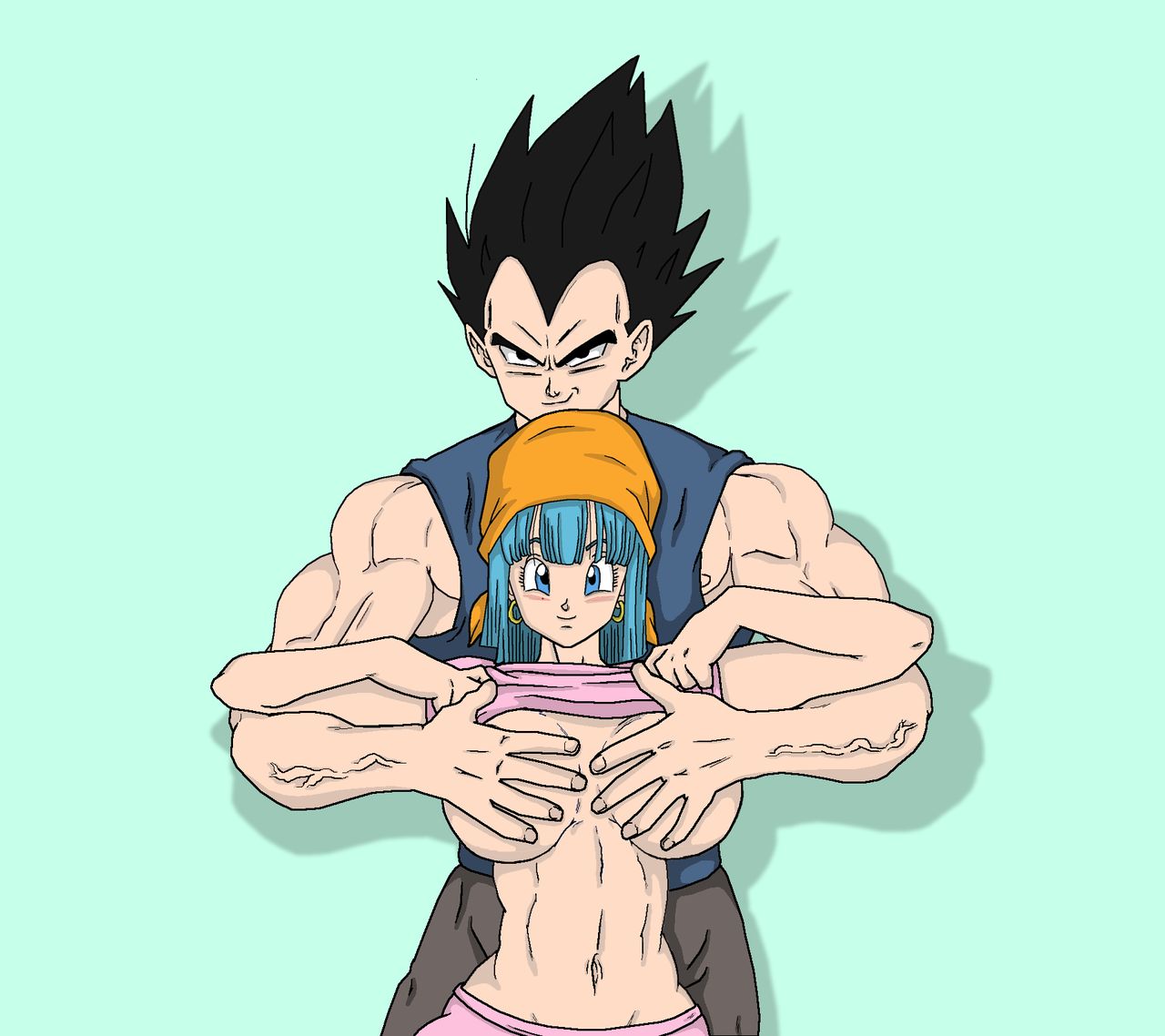 belly_button big_breasts bra covered_breasts covered_nipples covering covering_breasts daughter dragon_ball dragon_ball_z father father_and_daughter half_naked hands_on_breasts huge_breasts pulling_clothing pulling_shirt toppa vegeta