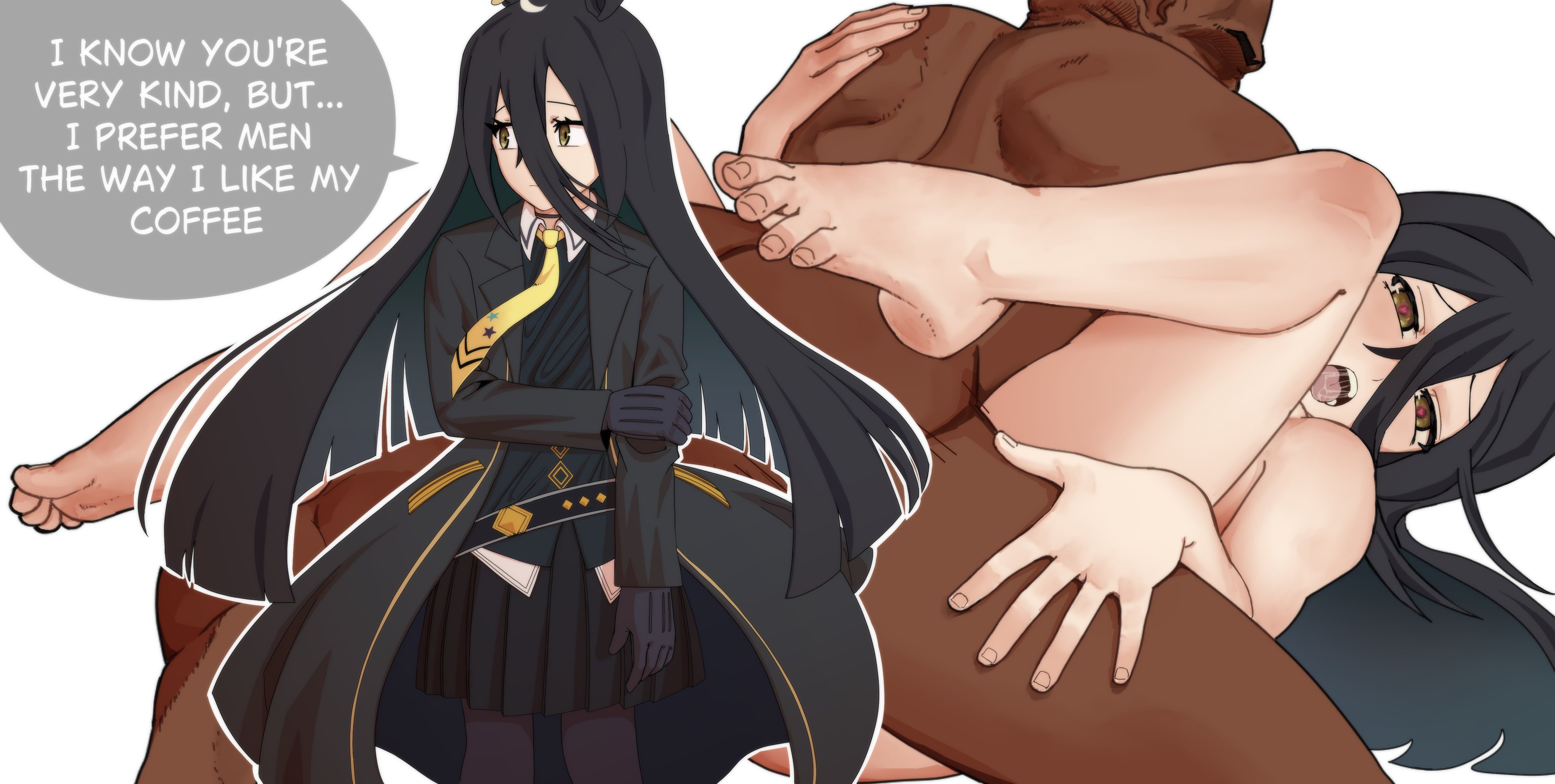 1boy, 1girls, ahoge, arm grab, black hair, dark skin, dark-skinned male, earrings, female, heart-shaped pupils, holding own arm, horse ears, horse girl, interracial, kindheartcat, light skin, light-skinned female, long hair, male, male on top, manhattan cafe (umamusume), missionary position, nude, nude female, nude male, streaked hair, tongue out, umamusume, white streak, yellow eyes