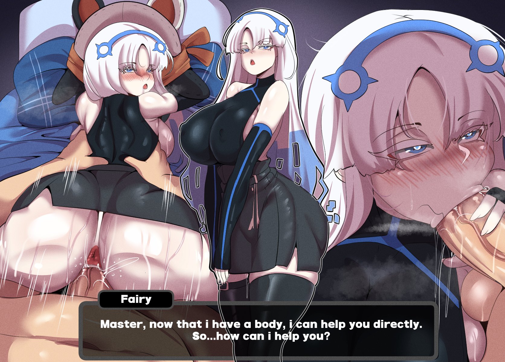 1boy, 1girls, duo, fairy (zenless zone zero), female, female focus, hoyoverse, light skin, light-skinned female, light-skinned male, mihoyo, raphaeru, unseen male face, white hair, wise (zenless zone zero), zenless zone zero