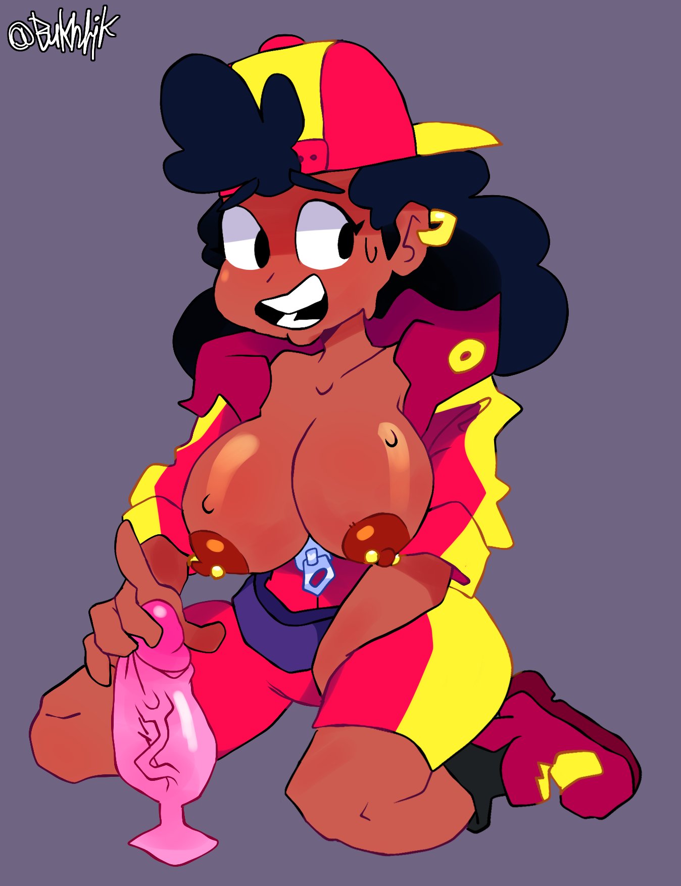 1girls, backwards baseball cap, baseball cap, brawl stars, breasts, bukhlik, clothing, curly hair, dark hair, dark skin, dark-skinned female, dildo, earrings, female, female only, hat, jacket, meg (brawl stars), nipple piercing, nipples, on knees, piercing, solo, solo female, sweat